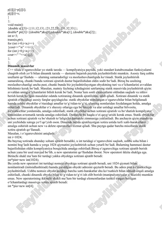 uzilgan ko‘rsatkichlar massivining massivlariga ko‘rsatkichni yuzaga keltiradi. ko‘p o‘lchamli massivlar elementlarini joylashtirishda ular xotirada satrlar bo‘yicha bir tartibda joylashtiriladi, ya’ni oxirgi indeks hammadan tezroq o‘zgaradi, birinchisi esa sekinroq o‘zgaradi. bunday tartib ko‘p o‘lchamli massiv boshlang‘ich elementining adresini hamda faqat bitta indeks ifodasini qo‘llab, ko‘p o‘lchamli massivning har qanday elementiga murojaat qilish imkonini beradi. masalan, arr[1][2] elementiga murojaatni ptr2 ko‘rsatkichi yordamida amalga oshirsa bo‘ladi. bu ko‘rsatkich esa ptr2[1*4+2] () murojaati yoki ptr2[6] murojaati sifatida int *ptr2=arr[0] shaklida e’lon qilingan bo‘ladi. ta’kidlab o‘tish lozimki, tashqi tomondan o‘xshash arr[6] murojaatini bajarish mumkin emas, chunki 6 indeksli ko‘rsatkich mavjud emas. shuningdek, uch o‘lchamli massivga kiradigan arr3[2][3][4] elementiga murojaat uchun float *ptr3=arr3[0][0] ko‘rinishida tavsiflangan, ptr3[3*2+4*3+4] yoki ptr3[22] shaklidagi bitta indeksli ifodaga ega bo‘lgan ko‘rsatkichni qo‘llash mumkin. ko‘rsatkichlar massivlari ko‘rsatkichlar massivlari quyidagicha ta’riflanadi: * [ ] misol uchun int *pt[6] ta’rif int tipidagi obyektlarga olti elementli massivni kiritadi. ko‘rsatkichlar massivlari satrlar massivlarini tasvirlash uchun qulaydir. misol …