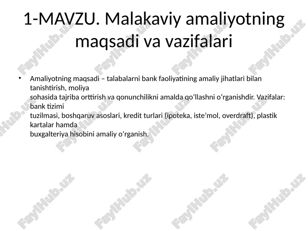 rd, visa, mastercard, ko‘p valyutali, ijtimoiy va korporativ kartalarni taklif etadi. kartalar orqali to‘lov, o‘tkazma va onlayn xaridlar amalga oshiriladi. 9-mavzu. bank xatarlari asosiy xatar turlari: kredit, likvidlik, bozor, operatsion va reputatsion. risk-menejment tizimi ushbu xavflarni tahlil qilish va kamaytirish choralarini ishlab chiqadi. 10-mavzu. masofaviy xizmat turlari internet-banking, mobil-banking, sms-banking, onlayn kreditlash – bular mijozlarga qulaylik yaratib, bankning raqamli rivojlanishiga xizmat qiladi. 11-mavzu. jismoniy shaxslar uchun raqamli xizmatlar mijozlar internet yoki mobil ilova orqali hisoblarini boshqaradi, to‘lovlarni amalga oshiradi, kredit holatini kuzatadi va sms orqali har bir operatsiya haqida xabarnoma oladi. 12-mavzu. yuridik shaxslar uchun sms-xabarnoma korxonalar hisobvarag‘idagi o‘zgarishlar haqida real vaqt rejimida sms oladilar. bu xizmat moliyaviy oqimlarni nazorat qilish va firibgarlikning oldini olish imkonini beradi. 13-mavzu. tijorat banklari operatsiyalari asosiy operatsiyalar: omonatlar, kreditlar, to‘lov va o‘tkazmalar, kassa xizmatlari, investitsion va masofaviy amaliyotlar. har bir operatsiya buxgalteriya balansida aks etadi. 14-mavzu. xato yozuvlarni tuzatish xatolar aniqlangach, dalolatnoma tuziladi va …