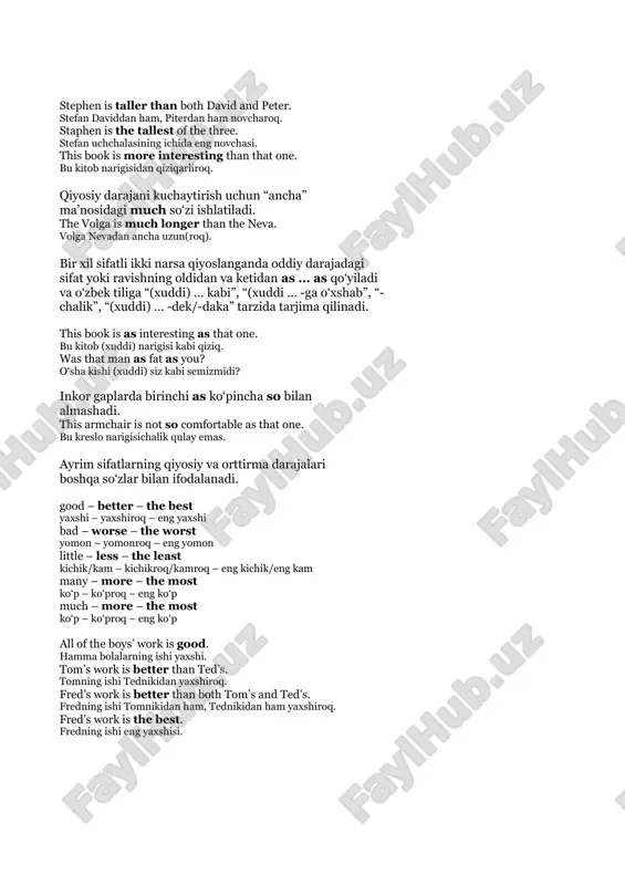 the volga is much longer than the neva. volga nevadan ancha uzun(roq). bir xil sifatli ikki narsa qiyoslanganda oddiy darajadagi sifat yoki ravishning oldidan va ketidan as … as qo‘yiladi va o‘zbek tiliga “(xuddi) … kabi”, “(xuddi … -ga o‘xshab”, “- chalik”, “(xuddi) … -dek/-daka” tarzida tarjima qilinadi. this book is as interesting as that one. bu kitob (xuddi) narigisi kabi qiziq. was that man as fat as you? o‘sha kishi (xuddi) siz kabi semizmidi? inkor gaplarda birinchi as ko‘pincha so bilan almashadi. this armchair is not so comfortable as that one. bu kreslo narigisichalik qulay emas. ayrim sifatlarning qiyosiy va orttirma darajalari boshqa so‘zlar bilan ifodalanadi. good – better – the best yaxshi – yaxshiroq – eng yaxshi bad – worse – the worst yomon – yomonroq – eng yomon little – less – the least kichik/kam – kichikroq/kamroq – eng kichik/eng kam many – more – the most …