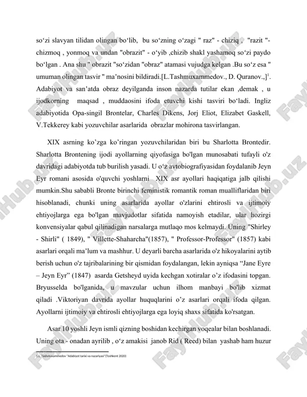 zabet gaskell, v.tekkerey kabi yozuvchilar asarlarida obrazlar mohirona tasvirlangan. [1: l. tashmuxammedov "adabiyot tarixi va nazariyasi"(toshkent 2020)] xix asrning ko’zga ko’ringan yozuvchilaridan biri bu sharlotta brontedir. sharlotta brontening ijodi ayollarning qiyofasiga bo'lgan munosabati tufayli o'z davridagi adabiyotda tub burilish yasadi. u oʻz avtobiografiyasidan foydalanib jeyn eyr romani asosida o'quvchi yoshlarni xix asr ayollari haqiqatiga jalb qilishi mumkin.shu sababli bronte birinchi feministik romantik roman mualliflaridan biri hisoblanadi, chunki uning asarlarida ayollar o'zlarini ehtirosli va ijtimoiy ehtiyojlarga ega bo'lgan mavjudotlar sifatida namoyish etadilar, ular hozirgi konvensiyalar qabul qilinadigan narsalarga mutlaqo mos kelmaydi. uning "shirley - shirli" ( 1849), " villette-shaharcha"(1857), " professor-professor" (1857) kabi asarlari orqali maʼlum va mashhur. u deyarli barcha asarlarida o'z hikoyalarini aytib berish uchun o'z tajribalarining bir qismidan foydalangan, lekin ayniqsa “jane eyre – jeyn eyr” (1847) asarda getsheyd uyida kechgan xotiralar o’z ifodasini topgan. bryusselda bo'lganida, u mavzular uchun ilhom manbayi bo'lib xizmat qiladi .viktoriyan davrida ayollar …