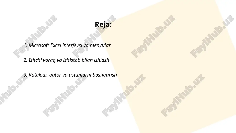 *, bo'lish /. darajaga ko'tarish ^. misol: =a1+b1, =a1*b1, =a1/b1, =a1^2. funksiyalar: sum(a1:a10), average(b1:b10), min(c1:c10), max(c1:c10). qavslar operatorlar ketma-ketligini boshqaradi. relative va absolute manzillar: a1 va $a$1. xatoliklar: #div/0!, #value!. prosent: =a1*10%. ... t.me/slaydai_bot sum — diapazondagi qiymatlarni qo‘shadi: =sum(a1:a10). average — o‘rtacha qiymat: =average(b1:b10). if — shartli qiymat: =if(shart, qiymat_ha, qiymat_yo‘q). count — sonli kataklarni sanaydi. counta — bo‘sh bo‘lmagan kataklarni sanaydi. countif/sumif — shart bo‘yicha sanash/qo‘shish: =countif(a:a,">=10"), =sumif(b:b,"meva",c:c). max/min — maksimum/minimum. concat/concatenate yoki text — matnlarni birlashtirish va formatlash. ... t.me/slaydai_bot shartli formatlash excel funktsiyasi bo‘lib hujayra qiymatiga qarab avtomatik format qo‘llaydi. maqsadi ma'lumotni vizual tahlil qilish: yuqori/past qiymatlar, takroriylar, sana shartlari. asosiy turlari: hujayrani belgilash qoidalari, eng yuqori/eng past, ma'lumot chiziqlari, rang o‘lchamlari, piktogramma to‘plamlari. qoidalar formulasidan foydalanib murakkab shartlar yaratish mumkin. qoidalar boshqaruvi orqali ustuvorlik, diapazon va agar to‘g‘ri bo‘lsa to‘xtatish opsiyalari sozlanadi. ranglar va belgilar bilan natijalarni tez filtrlash va tahlil qilish osonlashadi. ... t.me/slaydai_bot …