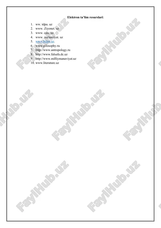 . t.: 2016.el.vr. 9. 9.hasanov r., o‘tamuradov a. fuqarolik jamiyati: nazariya va amaliyot. t.2016. 10. 10.qirg‘izboyev m. fuqarolik jamiyati: genezisi, shakllanishi va rivojlanishi.- t.: o‘zbekiston, 2010. 11. 11.fuqarolik jamiyati fanidan amaliy mashg‘ulotlar//tuzuvchi: r.hasanov.- t.:mrdi, 2016 12. o‘tamurodov a. va boshqadar. fuqarolik jamiyati fanidan tushuncha va atamalar lug‘ati. –t.: turon zamin ziyo, 2017. xorijiy adabiyotlar: 1. gegel g. raboti raznix let. tom 2. – moskva, 1973. – s. 50. 2. goncharov d. normativnaya diskussiya o grajdanskom obshestve: osnovniye napravleniya. moskva. 2010. s. 86 3. arato a. 1981. civil society against the state: poland, 1980-81 – telos, #47. 4. walzer m. 1995. concept of civil society – walzer m., ed. toward a global civil society. providence ri: berghahn books. 5. baker g. 2002. civil society and democratic theory: alternative voices. elektron ta’lim resurslari: 1. ww. tdpu. uz 2. www. ziyonet. uz 3. www. edu. uz 4. www. ma'naviyat. uz 5. www.bilim.uz. 6. …