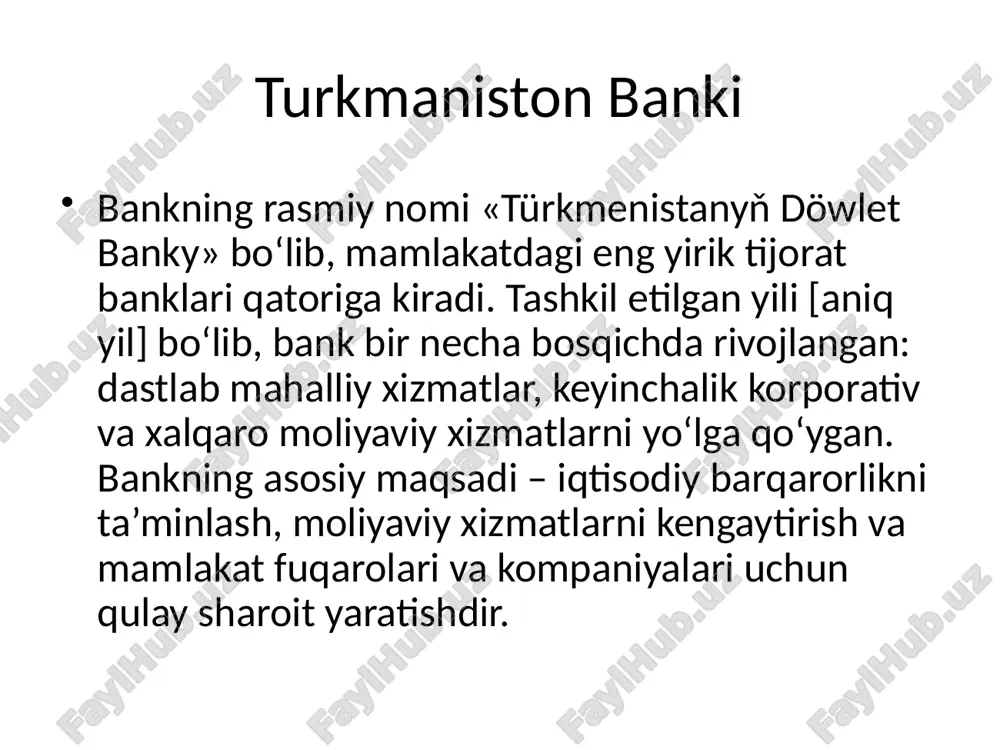 y yechimlarni taklif qiladi, shu bilan birga yangi xizmat turlarini doimiy ravishda joriy etadi. turkmaniston banki moliyaviy instrumentlar: bank investitsiya fondlari, obligatsiyalar, kredit portfeli va xalqaro moliyaviy hamkorlik loyihalarini amalga oshiradi. foiz stavkalari va moliyaviy shartlar iqtisodiy vaziyatga mos ravishda belgilanadi. bu orqali bank biznes va shaxsiy mijozlar uchun foydali moliyaviy muhit yaratadi. turkmaniston banki raqamli xizmatlar bankning muhim jihatlaridan biri hisoblanadi: internet banking, mobil ilova, sms-xabarnomalar va onlayn operatsiyalar. bu xizmatlar mijozlar uchun qulaylik yaratadi, operatsiyalarni tezkor qiladi va moliyaviy jarayonlarni masofadan boshqarish imkonini beradi. xavfsizlik va mijozlarni himoya qilish tizimi doimiy ravishda takomillashtiriladi. turkmaniston banki filiallar tarmog‘i keng va mamlakat bo‘ylab joylashgan. har bir filial mahalliy mijozlar uchun xizmat ko‘rsatadi, mintaqaviy xizmatlarni rivojlantiradi va shaxsiy hamda korporativ mijozlar bilan mustahkam aloqalarni o‘rnatadi. filiallar orqali bank innovatsion xizmatlar va moliyaviy maslahatlarni taqdim etadi. turkmaniston banki mijozlar bazasi juda keng: shaxsiy mijozlar kundalik bank xizmatlaridan foydalanadi, korporativ mijozlar esa biznes …