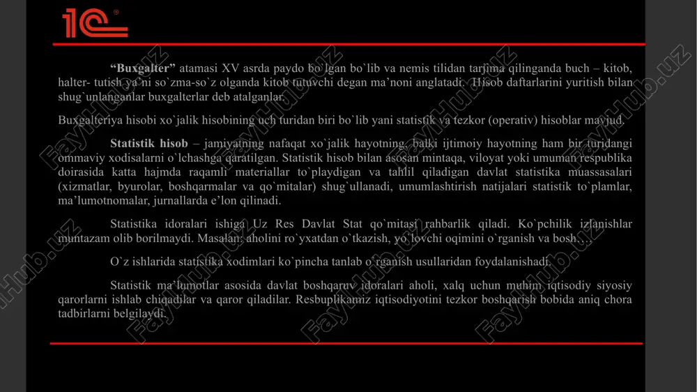 da materiallar yoki tovarlarni yetkazib berish tayyor mahsulot chiqarish va uni sotish ustidan nazoratni amalga oshiradi. tezkor hisob ma’lumotlarni odatda og`zaki, telefon yoki faks orqali beriladi. tezkor hisobning o`ziga xos xususiyati ma’lumotlarni tezda yig`ilishi va yetkazilishidir. tezkor hisob bilan korxonaning turli bo`lim va xizmatlar: ta’minot, sotish bo`limlari, rejalash-nozimlik byurolari, xodimlar bo`limi va hokazolar shug`ullanadi. masalan: tovar zahiralari miqdori, xodimlarning ishga kelgan kelmaganligi, mehnat haqqi berilganligi, sotilgan tovardan tushumlar va hokazolar. tezkor hisob korxona ichida yuritiladi, korxonaga taalluqli yozma shart emas. hujjatsiz masalan: direktorning tezkor topshirig`i buxgalteriya hisobi –mulkchilikning har qanday shaklidagi korxona xo`jalik faoliyatini yalpi uzluksiz va hujjatlarga asoslangan holda aks ettirish tizimidir. demak qat’iyan hujjatliligi yalpi, uzluksizligi ekanligi aniq qiymat bahosiga tayanish buxgalteriya hisobining farqlovchi xususiyati hisoblanadi. buxgalteriya hisobi uzluksizdir – chunki u kunma-kun yuritiladi va barcha xo`jalik xodisalari va jarayonlar yalpi tarzda qayd etadi. hisob turlarida qo`llaniladigan o`lchov birliklari natura o`lchovlari: mehnat o`lchovi: pul o`lchovi: kg, m, l, …