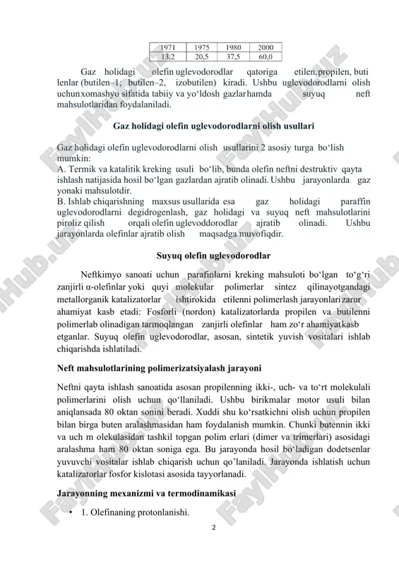 ar ishtirokida etilenni polimerlash jarayonlari zarur ahamiyat kasb etadi: fosforli (nordon) katalizatorlarda propilen va butilenni polimerlab olinadigan tarmoqlangan zanjirli olefinlar ham zo‘r ahamiyat kasb etganlar. suyuq olefin uglevodorodlar, asosan, sintetik yuvish vositalari ishlab chiqarishda ishlatiladi. neft mahsulotlarining polimerizatsiyalash jarayoni neftni qayta ishlash sanoatida asosan propilenning ikki-, uch- va to‘rt molekulali polimerlarini olish uchun qo‘llaniladi. ushbu birikmalar motor usuli bilan aniqlansada 80 oktan sonini beradi. xuddi shu ko‘rsatkichni olish uchun propilen bilan birga buten aralashmasidan ham foydalanish mumkin. chunki butennin ikki va uch m olekulasidan tashkil topgan polim erlari (dimer va trimerlari) asosidagi aralashma ham 80 oktan soniga ega. bu jarayonda hosil bo‘ladigan dodetsenlar yuvuvchi vositalar ishlab chiqarish uchun qo’laniladi. jarayonda ishlatish uchun katalizatorlar fosfor kislotasi asosida tayyorlanadi. jarayonning mexanizmi va termodinamikasi · 1. olefinaning protonlanishi. · · 2. olefinning molekulasiga 7x-bog‘lanish bo‘yicha karboniy-ionni birikishi. · · bu reaksiyaning issiqlik effekti 0 ga teng bo‘ladi, agarda · · mustahkam bog‘lari bir …