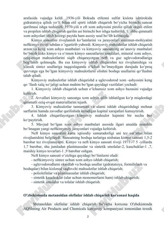 ko’rsatadiki, ularning ko’p qismi (dunyo zaxiralarining taxminan 67%) yaqin sharqda joylashgan ekan. biroq gazning eng katta zaxiralari (dunyo bo’yicha yig’indining taxminan 39%) garbiy va sharkiy yevropaga, ayniqsa oʼtmishdagi sobiq itgifoq davlatlariga to’gri keladi. zaxira va qazib olish nisbatlari koeffitsienti r/p yangi zaxiralar topilmay qolgan taqdirda xam konkret yoqilgi zaxirasi necha yilga yetarli boʼlishini ifoda etadi. neft kimyo sanoati - kimyoviy sanoatning yangi sohasi bo‘lib, arzon xom ashyo bo‘lmish neft va gaz uglevodorodlarini qimmatli kimyoviy moddalar bo’gan plastmassalar, kauchuklar, sintetik smolalar va tolalar, sintetik yuvish vositalari hamda ko‘pgina boshqa moddalarga aylantirib beradi. neftkimyo sanoati xx asring 3-4 o‘n yilligida rivojlana boshladi. neft kimyoviy ishlab chiqarishlar hamdo‘stlik mamlakatlarida ikkinchi jahon urushi arafasida vujudga keldi. 1936-yili bokuda etilenni sulfat kislota ishtirokida gidratatsiya qilish yo‘li bilan etil spirti ishlab chiqarish bo‘yicha birinchi sanoat qurilmasi ishga tushirildi. 1970-yili n eft xom ashyosini piroliz qilish orqali etilen va propilen ishlab chiqarish qurilm asi birinchi bor ishga …