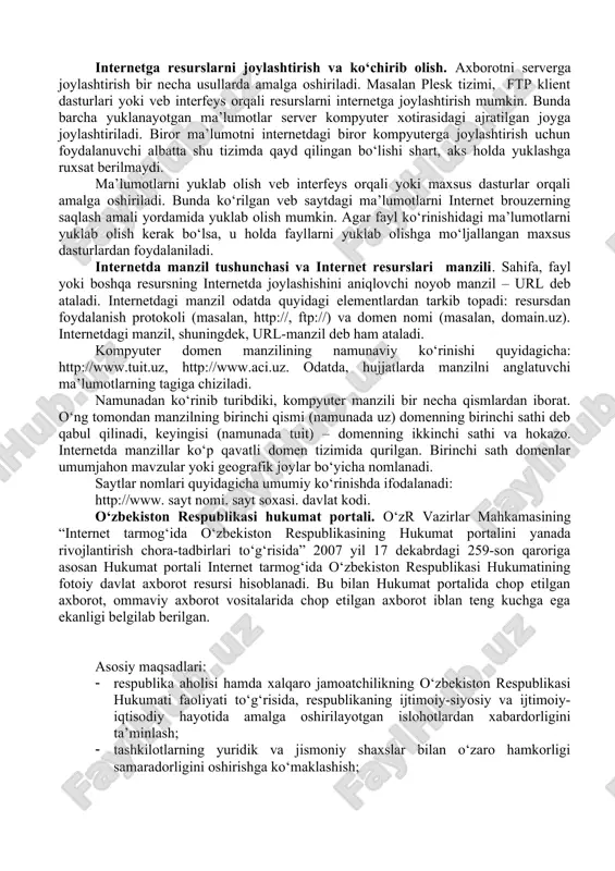 shundan iboratki, ular biror faoliyat, voqea va xodisa yoki biror shaxsning internetdagi imidjini yaratadi. internet tarmog‘ida mavjud bo‘lgan saytlarni bir necha xil toifalarga ajratish mumkin: · ta’lim saytlari. bu turdagi saytlarga ta’lim muassasalari, ilmiy-tadqiqot muassasalari va masofaviy ta’lim saytlari kiradi, masalan: edu.uz, eduportal.uz · reklama saytlari. bu turdagi saytlarga asosan reklama agentliklari va reklamalarni joriy qilish saytlari kiradi. · tijorat saytlari. bu turdagi saytlarga internet do‘konlar, internet to‘lov tizimlari va internet konvertatsiya tizimlari saytlari kiradi, masalan: websum.uz, webmoney.ru, egold.com · ko‘ngilochar saytlar. bu turdagi saytlarga kompyuter o‘yinlariga, fotogalereyalarga, sayohat va turizmga, audio va kinonamoyishlarga bag‘ishlangan saytlarni kiritish mumkin, masalan: mp3.uz, melody.uz, cinema.uz · ijtimoiy tarmoqlar saytlari. bu turdagi saytlarga tanishish, do‘stlarni qidirish, anketalarni joylashtirish va o‘zaro muloqot o‘rnatishga bag‘ishlangan saytlarni kiritish mumkin, masalan: sinfdosh.uz, id.uz, muloqot.uz · korxona va tashkilotlar saytlari. bu turdagi saytlarga davlat korxonalari, xo‘jalik va boshqaruv organlari saytlari kiritiladi. internetga resurslarni joylashtirish va ko‘chirib olish. axborotni serverga …