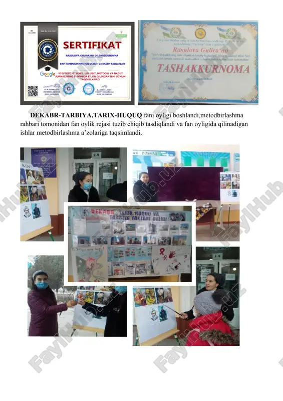 ani oyligi boshlandi,metodbirlashma rahbari tomonidan fan oylik rejasi tuzib chiqib tasdiqlandi va fan oyligida qilinadigan ishlar metodbirlashma a’zolariga taqsimlandi. farg’ona o’lkashunoslik muzeyiga sayohat uyushtirildi. “konstitutsiya –davlatimiz ustuni” mavzusidagi tadbirdan lavhalar “tarix bilimdonlari “zakovato‘yini 6 –“a” va 6-“v” –sinflarda o‘tkazildi. tarix fani ochiq darsidan lavhalar “huquq bilimdonlari” viktorina o‘yinlaridan lavhalar fan oyligi juda yuqori saviyada tashkillandi ,metodbirlashma a’zolari ochiq darslar tashkilladi.turli xil tanlovlar ,viktorina o’yinlari va rasmli tanlovlar o’tkazildi. 9-aprel “amir temur tavalludi kuni munosabati bilan tarix fani o’qituvchisi h.hamdamova 7-v sinfda “amir temur buyuk davlat asoschisi” mavzusida ochiq dars tashkilladi. huquq fani o’qituvchisi g.rasulova farg’ona viloyati malaka oshirishda huquq fani tinglovchilariga “insonning shaxsiy huquq va erkinliklari “mavzusida ochiq dars tashkillab berdi va viloyat miqyosida ommalashtirish uchun tavsiya etildi. may oyida “yoshlar va qonun “ tanlovida o’quvchilarimiz faol ishtirok etishib ,sektor bo’yicha 4- o’rinn egasi bo’lishdi. image7.jpeg image8.jpeg image9.jpeg image10.jpeg image11.jpeg image12.jpeg image13.jpeg image14.jpeg image15.jpeg image16.png image17.jpeg image18.jpeg image19.jpeg image20.jpeg image21.jpeg …