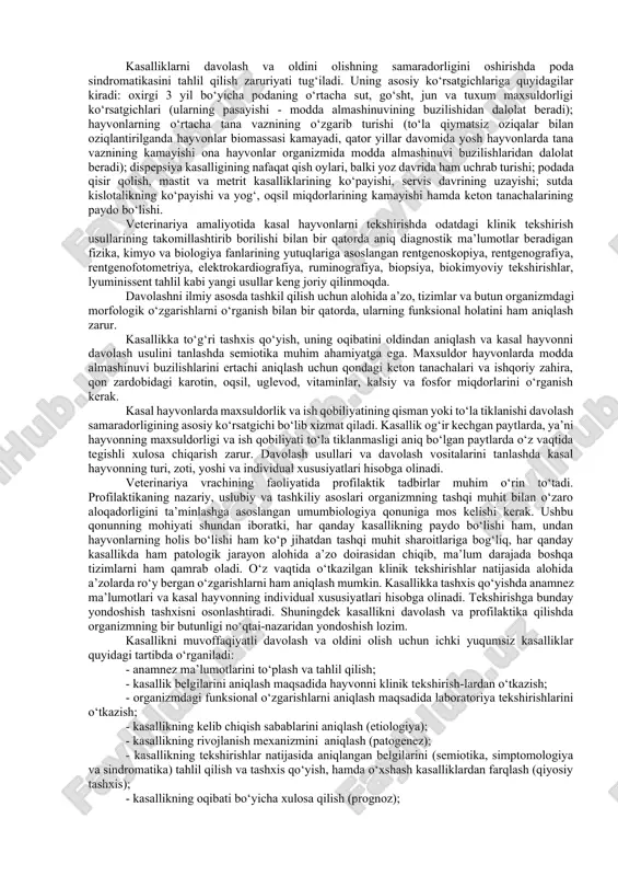 alliklari, yosh hayvonlarning yuqumsiz kasalliklari, parrandalarning yuqumsiz kasalliklari, mo‘ynali hayvonlarning yuqumsiz kasalliklari tartibida o‘rganiladi. har bir kasallikni o‘rganishda albatta uning tarqalishi va iqtisodiy zarari, tasnifi, sabablari, rivojlanishi, simptomatikasi, patologoanatomik o‘zgarishlari, tashxisi, prognozi, davolash va oldini olishga e’tibor beriladi. veterinariya vrachini shakllantirishda hayvonlarning ichki yuqumsiz kasalliklari fani zoomuxandislik, agronomiya va ijtimoiy-iqtisodiy fanlar bilan uzviy aloqada bo‘lgan holda umumiy biologiya, biologik kimyo, fizialogiya va patologik fiziologiya, anatomiya va patologik anatomiya, farmokologiya, klinik diagnostika va iqtisod fanlariga asoslanadi. ixtisoslashgan hamda chorvachilik fermer xo‘jaliklarida ishlab chiqarish samaradorligini oshirish, go‘sht, sut, jun va tuxum yetkazishni ko‘paytirish ko‘p jihatdan profilaktik yo‘nalishni puxta o‘rganish bilan birga kasal hayvonlarni guruhlab va yakka tartibda davolashning nazariy, uslubiy va tashkiliy asoslarini hisobga olishga ham bog‘liq. ko‘p holatlarda kasalliklarni ertachi aniqlash va oldini olishga imkon beradigan dispanserlash hamda uyg‘un dispanserlash usullari ham muhim ahamiyat kasb etadi. moddalar almashinuvi buzilishi kasalliklarida hayvonlarni guruhlab davolash, to‘la qiymatsiz va bir tomonlama oziqlantirish natijasida kelib …