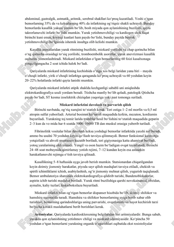 dol yordam beradi. agar bemor nitratlarni ko‘tara olmasa, 5 mg. dan til ostiga nifedipin va b­adre noblokatorlar buyuriladi. miokard infarkti – yurak toj arteriyalarining tromb bilan tiqilib qolishi va miokardning oziqlana olmay qolib nekrozga uchrashidir. qariyalarda miokard infarkti ko‘proq paydo bo‘ladi. bunga sabab, qonning yoshga aloqador biokimyoviy o‘zgarishlari hisoblanadi. 1. qon tomirlarining yoshga aloqador sklerozi. 2. gemodinamikaning yoshga aloqador o‘zgarishlari. miokard infarkti klinikasida o‘ziga xos farqlar mavjud. og‘riq kuchli bo‘lmasligi, irradiatsiyasi va joyi turlicha bo‘lishi mumkin. yosh o‘tgan sari infarktning atipik, masalan, abdominal, gastralgik, astmatik, aritmik, serebral shakllari ko‘proq kuzatiladi. yoshi o‘tgan bemorlarning 35% da va keksalarning 40% da infarktning og‘riqsiz shakli uchraydi. bunday bemorlarda kasallik yakuni yomon bo‘lib, bosh miyada qon aylanishining buzilishi, qayta takrorlanuvchi infarkt bo‘lishi mumkin. yurak yetishmovchiligi va kardiogen shok faqat birinchi kuni emas, keyingi kunlari ham paydo bo‘lishi, bunday paytda buyrak yetishmovchiligi bo‘lganida ishemik insultga olib kelishi mumkin. kasallik asoratlaridan yurak ritmining buzilishi, miokard yorilishi …