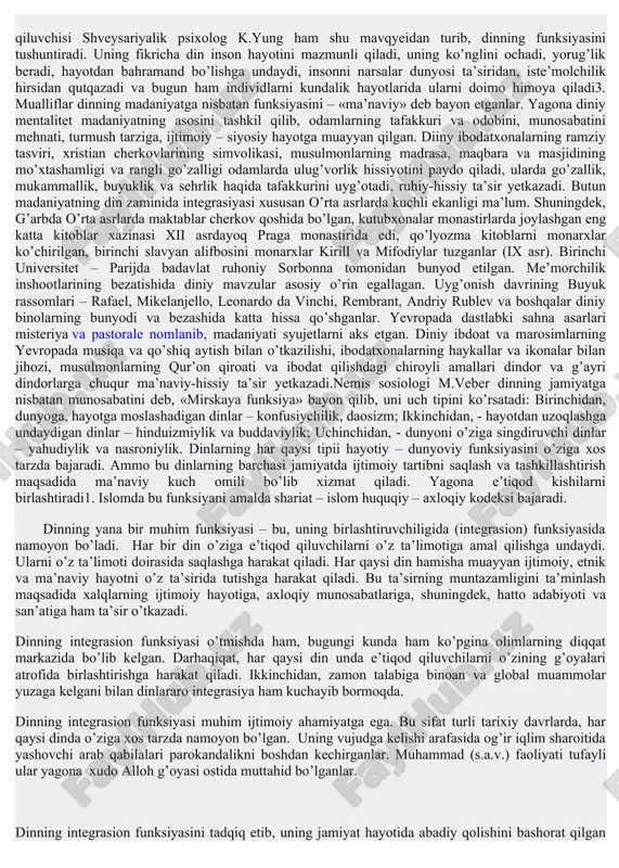 din kishilar hayotida o’z qavmlari uchun to’ldiruvchi, ovutuvchi (kopensatorlik) funksiyani bajaradi. masalan, insonda doimiy ehtiyoj paydo bo’lib turadi. u o’z hayoti, turmush tarzi, tabiat va jamiyat, o’zga insonlar bilan bo’lgan munosabatlari jarayonida hayotiy ehtiyoji, maqsadlariga yetishishi ilojsiz bo’lib qolganda, unda qandaydir ma’naviy-ruhiy ehtiyojga zarurat sezadi. shu paytda u xudoga, payg’ambarlar, farishtalar, avliyolar 20 ajdodlarining ruhlariga murojaat» qilib, ishonch bilan ulardan madad so’raydi va ko’nglida «xudo xohlasa yaxshi bo’ladi, dunyo baumed» deb, o’ziga tasalli beradi, o’zini ruhiy-ma’naviy tinchitadi. dinning to’ldiruvchanlik funksiyasi uning ijtimoiyligida eng asosiy vazifa hisoblanadi va shu bois din o’tmishda ham, hozirda ham jamiyat a’zolari hayotida mustahkam o’rin egallagan. shu sababdan dindorlar va dindor bo’lmagan odamlar ham dinning kompensatorlik kuchiga ishonadilar, o’zlariga ma’naviy-ruxiy taskin berib qurbonlik qiladilar, chiroq yoqadilar, muqaddas joylarga ziyoratga boradilar, sadaqa beradilar va hokazo.ya’ni din insonlar hayotida ma’naviy-ruhiy kuch, odamlarning irodasini, iymonini baquvvat qiladigan omil sifatida jamiyatda xizmat qiladi. hozirgi zamon dinshunoslik fanida dinning kompensatorlik funksiyasini …