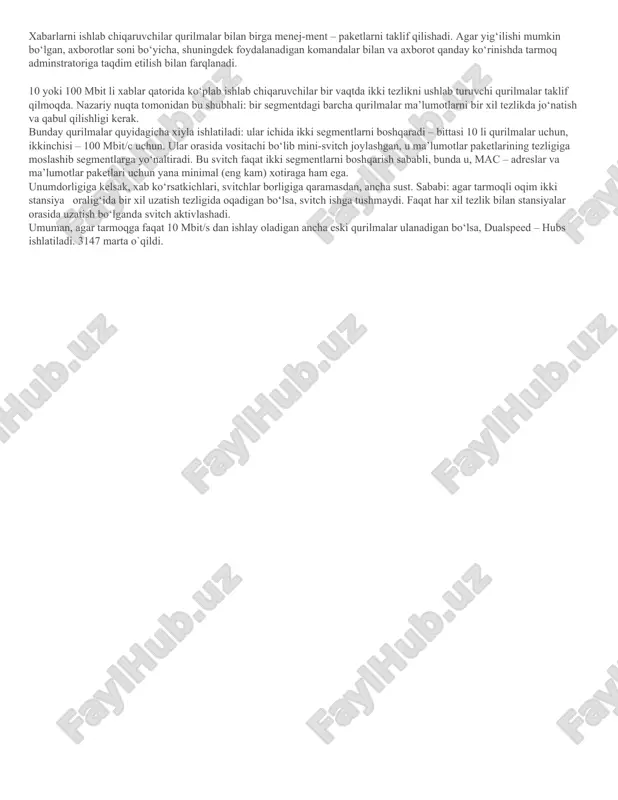 i o‘zaro 100 kompyuter bo‘lib oladi, bunda ma’lumotlar almashuvi juda sekin o‘tadi. ekstremal holatda u hatto to‘xtab qoladi, chunki tarmoq yangi paketlarni uzatish o‘rniga retransmissiya bilan ko‘proq bog‘liq. shuning uchun routerlar va svitchalar yordamida kata tarmoqlarni kichik segmentlarga bo‘linadi (2-rasm). router yoki svitchlardagi har bir port o‘zini segmentiga ega. agar har bir kompyuter o‘zini svitch-port, ya’ni o‘zini segmenti, bunda gap mikrosegmentatsiya to‘g‘risida ketadi. intellektual xabning har bir portini boshqarish pulti yordamida qiyofalash, nazorat qilish, yopish va o‘chirish mumkin. intellektual xablardan foydalanganda ko‘p sonli tarmoq parametrlari to‘g‘risida axborot yig‘ish mumkin bo‘ladi. qancha paketlar xabga yetib bordi va uning har bir portlari, qaysi paketlar to‘g‘risida gap ketayapti, xatoli paketlar bo‘lganmi, qancha kollizitlar paydo bo‘ladi va h.k. to‘g‘risida ma’lumotlar olish mumkin. xabarlarni ishlab chiqaruvchilar qurilmalar bilan birga menej-ment – paketlarni taklif qilishadi. agar yig‘ilishi mumkin bo‘lgan, axborotlar soni bo‘yicha, shuningdek foydalanadigan komandalar bilan va axborot qanday ko‘rinishda tarmoq adminstratoriga taqdim etilish bilan farqlanadi. …