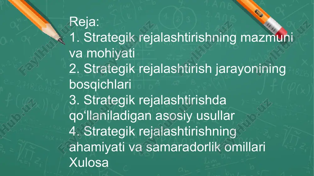 qiladi. tahlil bosqichida ichki va tashqi muhit o‘rganilib, swot tahlil amalga oshiriladi. bu orqali tashkilotning kuchli va zaif tomonlari, imkoniyatlari hamda tahdidlar aniqlanadi. strategik maqsadlarni shakllantirish bosqichida tashkilotning missiyasi, uzoq muddatli vazifalari, ustuvor yo‘nalishlari belgilanadi. strategiyani ishlab chiqish bosqichida esa maqsadlarga erishish yo‘llari aniqlanadi, bu yo‘llar resurslardan foydalanish, investitsiya yo‘nalishlarini belgilash va raqobat ustunliklarini yaratishni o‘z ichiga oladi. amalga oshirish bosqichida strategiya bo‘yicha belgilangan chora-tadbirlar real hayotga tatbiq etiladi. nazorat bosqichida esa natijalar baholanib, zarurat tug‘ilganda tuzatishlar kiritiladi. strategik rejalashtirishning asosiy usullariga swot tahlil, pest tahlil, bcg matritsasi, porterning raqobat ustunliklari modeli, ssenariyli rejalashtirish, “balanslangan ko‘rsatkichlar tizimi” usuli kiradi. swot tahlil orqali tashkilotning ichki va tashqi omillariga baho beriladi. pest tahlil siyosiy, iqtisodiy, ijtimoiy va texnologik omillarni o‘rganadi. bcg matritsasi mahsulot yoki xizmatlarning bozor holatini baholashda qo‘llaniladi. porter modeli raqobat ustunliklarini aniqlash va ularni mustahkamlash yo‘llarini belgilashga xizmat qiladi. ssenariyli rejalashtirish usuli esa turli kelajakdagi holatlarni taxmin qilish orqali tashkilotning …