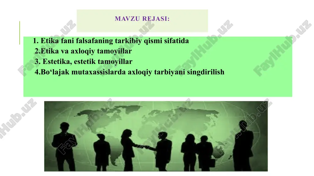 an, lekin jamoa, jamiyat va insoniyat hayotida burilish yasaydigan darajada muhim ahamiyatga ega bo`lmaydigan, milliy urf-odatlarga asoslangan chiroyli xatti-harakatlarni o`z ichiga oladi. odob- bu qalbni yomon so`zlardan va nojo`ya xulqdan saqlay olish, o`zini va o`zgalarni ham hurmat qila bilish, shu bilan birga o`zini va o`zgalarning obro`sini tushirmaslikdir. xulq....? xulq - oila, jamoa, mahalla-ko`y miqyosida ahamiyatli bo`lgan, ammo jamiyat va insonning hayotiga sezilarli ta`sir ko`rsatmaydigan yoqimli insoniy xatti-harakatlarning majmui riyoziyot olimi al-xorazmiydan inson haqida so‘rashdi. olim shunday dedi: agar inson yaxshi xulq sohibi bo‘lsa, u 1 ga teng. agar inson husn sohibi bo‘lsa, birning yoniga nolni qo‘sh = 10 bo‘ladi. agar inson boy bo‘lsa, yana bir nolni qo‘sh = 100 bo‘ladi. agar nasl-nasabli bo‘lsa, yana bir nolni qo‘sh = 1000 bo‘ladi. agar 1 raqami, ya’ni xulq yo‘q bo‘lib ketsa, insonning qiymati yo‘qqa chiqib, nollarning o‘zi qoladi = 000. axloq...? axloq – kishilar orasidagi munosabatni tartibga solishning o‘ziga xos tartib-qoidalari yigʼindisi. axloqdagi …