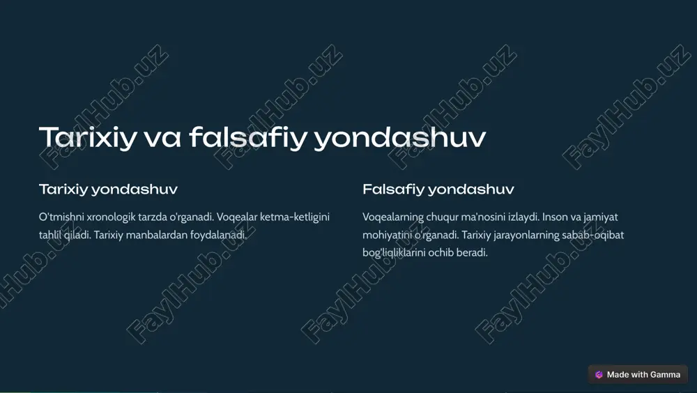 eodal munosabatlar hukmron edi. diniy qarashlar jamiyat hayotiga ta'sir ko'rsatardi. 2 uyg'onish davri gumanizm g'oyalari tarqaldi. san'at va adabiyot gullab-yashnadi. 3 yangi davr sanoat inqilobi yuz berdi. ilm-fan va texnologiya jadal rivojlandi. https://gamma.app/?utm_source=made-with-gamma dunyo xalqlari madaniyatidagi umumiylik va farqlar umumiylik farqlar oila qadriyatlari til va yozuv tizimlari tabiatga hurmat din va e'tiqodlar san'at va musiqaga qiziqish milliy taomlar hayot va o'lim tushunchalari kiyinish uslublari https://gamma.app/?utm_source=made-with-gamma ommaviy madaniyat shakllari 1 aksilmadaniyat mavjud ijtimoiy me'yorlarga qarshi chiqadi. ko'pincha yoshlar orasida tarqalgan. 2 submadaniyat kichik guruhlar madaniyati. o'ziga xos belgilari va qadriyatlari mavjud. 3 populyar madaniyat keng omma orasida mashhur. ommaviy axborot vositalari orqali tarqaladi. 4 ekran madaniyati televizor va internet orqali shakllanadi. vizual ma'lumotlarga asoslanadi. https://gamma.app/?utm_source=made-with-gamma an'anaviy va zamonaviy madaniyat uyg'unligi an'anaviy madaniyat avloddan-avlodga o'tadigan qadriyatlarni saqlaydi. milliy o'zlikni anglashga yordam beradi. zamonaviy madaniyat yangi texnologiyalar va g'oyalarni qabul qiladi. global tendensiyalarga moslashadi. uyg'unlik ahamiyati milliy o'zlikni saqlab qolgan holda rivojlanishga imkon …