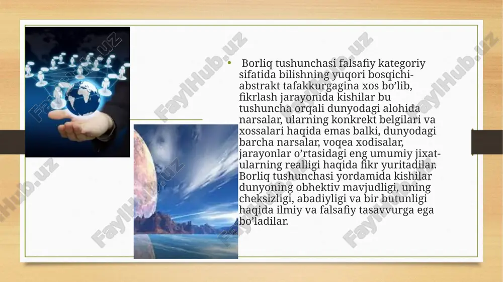 » inson unda yashab, uni bilib borayotgan bitmas - tuganmas, cheksiz dunyo (olam) bo‘lsa; «ikkilamchi tabiat» esa inson tabiat qonunlarini bilib olish tufayli, ular asosida yaratgan narsa va hodisalar, jarayonlar dunyosidir. inson borlig‘i inson borlig‘ida, avvalo, insonning tabiat taraqqiyotining mahsuli sifatida tabiiy borliqning har ikki shakliga oid tomonlar bilan birga, ijtimoiy-tarixiy taraqqiyot mahsuli sifatida unda ijtimoiy va ma’naviy borliqning ham barcha shakllariga xos tomonlarning yig‘indisi majassamlashgandir. inson borlig‘i jamiyat taraqqiyotining birdan bir manbaidir. ijtimoiy borliq hodisalarning barcha turlarini o‘z ichiga qamrab oladi. jamiyat bir-biri bilan uzviy bog‘liq bo‘lgan iqtisodiy, ijtimoiy, siyosiy, ijtimoiy etnik, oilaviy va h.k. munosabatlardan tarkib topgan, doimo taraqqiy etib, rivojlanib turadigan jonli organizmdir. jamiyat tabiat taraqqiyotining zaruriy oqibatidir. ma’naviy borliq ma’naviy borliq sub‘ektiv individuallashgan va ob‘ektiv (noindividual) ma‘naviy borliq sifatida mavjud. individuallashgan ma‘naviy borliq bu insonning ichki dunyosi. u onglilik va ongsizlikni qamrab oladi. bunday yondashuvga ko‘ra, ruh individual ong bilan ayniy tushuncha, tor ma‘noda esa u …