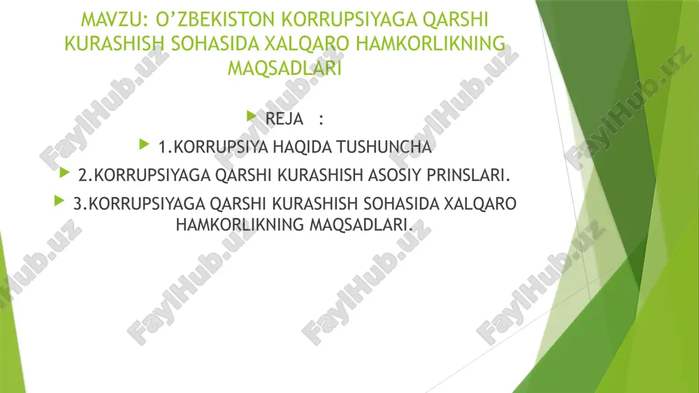 a tahdid soluvchi murakkab ijtimoiy-siyosiy, iqtisodiy hodisadir. zero, bu omil tufayli davlatning rivojlanishi sekinlashadi, hukumat tizimi ishdan chiqadi, demokratik institutlarga putur yetadi. u saylov jarayonlariga salbiy taʼsir qilib, qonun ustuvorligiga jiddiy ziyon yetkazadi. shu bilan birga, uning taʼsiri ostida fuqarolarning ijtimoiy adolatga, haqiqatga va davlat organlariga ishonchi yoʻqoladi. har qanday jamiyat uchun ushbu jinoyatga qarshi kurashish eng dolzarb masalalardan biridir. bizning davlatimiz korrupsiyaning oldini olish va uning ildizlariga barham berish maqsadida koʻpgina tadbirlarni amalga oshirmoqda. 2003-yil 9-dekabrda bmt ning korrupsiyaga qarshi konvensiyasi imzolanganligi ham fikrimizning isbotidir. keyingi yillarda mamlakatimizda korrupsiyaga qarshi kurashish sohasida muhim tashkiliy-huquqiy islohotlar amalga oshirildi. aholining huquqiy ongi va huquqiy madaniyatini oshirishga, jamiyatda korrupsiyaga murosasiz munosabatni shakllantirishga yo‘naltirilgan tizimli choralar ko‘rildi. islohotlarni amalga oshirish doirasida fuqarolarning huquq va manfaatlari himoya qilinishini, davlat hokimiyati va boshqaruvi organlari faoliyati ochiqligini, jamoat va parlament nazoratini ta’minlash mexanizmlari takomillashtirildi, shuningdek, huquqni muhofaza qilish va sud organlari faoliyatining huquqiy asoslari isloh qilindi. …
