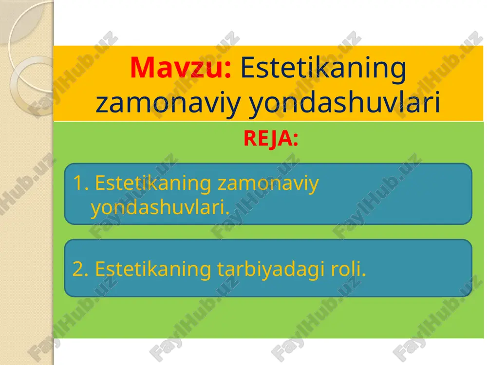 ’atni ilmiy jihatdan tahlil va tadqiq etish barobarida esa estetik faoliyatning barcha ko’rinishlariga ilmiy jihatdan yondashish uchun zamin yaratiladi. estetika fani ruhiyatshunoslik (psixologiya) fani bilan ham chambarchas bog’liq. buni estetika tafakkur taraqqiyotining barcha bosqichlarida kuzatamiz. bu yaqinlikning asosi shundaki, voqelikka estetik munosabatning barcha tomonlari estetik did yoki estetik his-tuyg’u, badiiy ijod yoki badiiy idrok qilish jarayonlarining hammasi ruhiyat mezoni bilan o’lchanadi. chunki, estetika u yoki bu darajada insonning ruhiy, his-tuyg’u holatini ifodalaydi. insonning estetik tafakkuri shakllanib, rivojlanib, takomillashib borgani sari uning ijtimoiy - ruhiy, mafkuraviy - g’oyaviy, siyosiy - ma’naviy intlishlari ham tobora tiniqlashib boradi. yevropa uyg’onish davrining buyuk ijodkorlari leonar - do da-vinchi, rafael santi, mikelanjelo, servantes, shekspir va boshqalar estetik tafakkur rivojlanishiga salmoqli hissa qo’shdilar. ayniqsa, buyuk musavvir, iste’dodli muhandis, atoqli tabiatshunos olim leonardo da vinchi estetik qarashlarida voqeiy dunyoni bilishda san’atning ahamiyatiga, uning o’ziga xos xususiyatlarini e’tibordan qochirmaslikka da’vat etdi. foydalanilgan adabiyotlar: 1. abdulla sher, bahodir husanov. …
