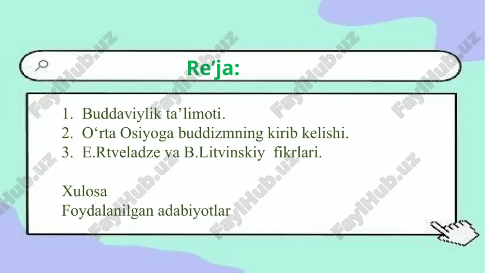 elgan hindistondan hinduiylik ta’sirida siqib chiqarilgan buddaviylik boshqa mamlakatlarga keng tarqalib, jahon dini darajasiga chiqdi. buddaviylik milodning i asrida xitoy, iv asrida koreya, vi asrida yaponiya, vii asrida tibet, xiii asrdan xvi asrgacha mongoliya, xvii asrdan xviii asrgacha buratiya va tuva, xix-xx asrlarda amerika va yevropa qit’alariga kirib brogan.o‘rta osiyoga buddaviylikning kirib kelishi buddaviylik o’zbekiston janubining qadimgi va ilk o’rta asrlar tarixida chuqur iz qoldirgan din hisoblanadi. mamalakatimiz hududida buddaviylik madaniyatiga oid yodgorliklarning ochilgani va o’rganilgani, yuksak darajali badiiy asarlar va buyumlarning topilgani ham bundan dalolat beradi.buddaviylikning eng qadimgi mashhur yodgorliklari milodning iii-i asrlariga mansub. vii asrning boshlarida termizda o’nta buddaviylik manastiri (sangarama) va mimgta rohib bo’lgan. markaziy osiyoda v-viii asrlarda buddaviylik o’rnini islom dini egallay boshladi.1927-yilda qadimiy termizda buddaviylikka oid noyob yodgorliklar mavjudligi aniqlandi. markaziy osiyoda v-viii asrlarda buddaviylik o’rnini islom dini egallay boshladi.1927-yilda qadimiy termizda buddaviylikka oid noyob yodgorliklar mavjudligi aniqlandi. termiz arxeologik kompleks ekspeditsiyasining (take) ishlari natijasida …