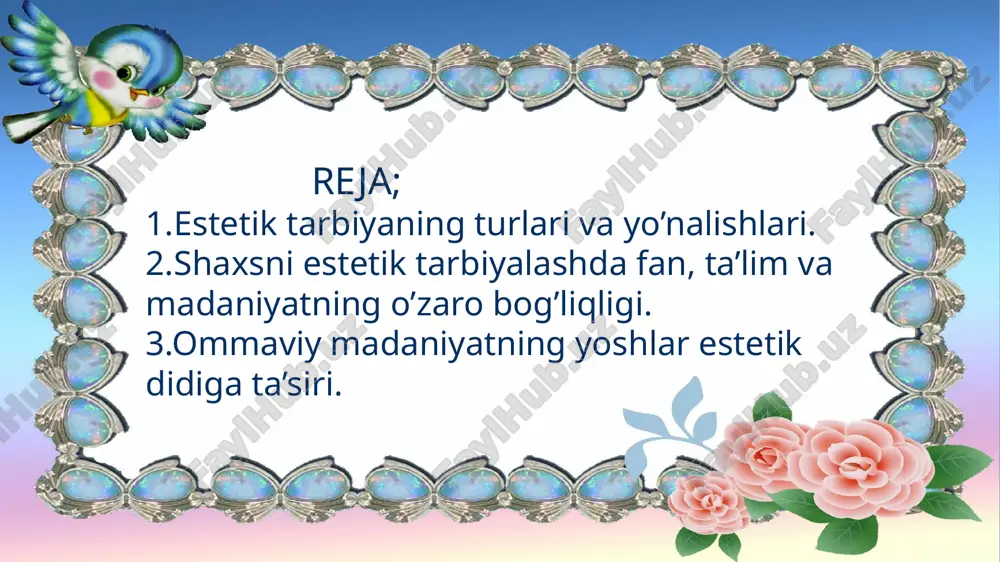 butun dunyo yoshlarini o’ziga torta boshladi va butun dunyoga ‘’ommaviy madaniyat’’ nomi bilan tanildi. san’at va san’atsizlik estetik madaniyat bu insoniyatni bir butun organizm sifatida birlashtiruvchi kuchdir. shaxsning estetik madani- yati to’g’risida gap ketar ekan, bu tushuncha o’zida jamiyatning estetik madaniyatini faqatgina o’z xalqining estetik va badiiy qadryatlarini emas, balki butun insoniyat yaratgan barcha qadryatlarni o’zlashtirishni, sanatni baholash va muhokama etish, ishga ijodiy munosabatda bo’lishni nazarda tutishi lozim. bugun yurtimizda bu borada bi qancha islohotlar amalga oshirilmoqda. shu bilan birga yoshlarimiz tarbiyasini estetik shakllantirishda bir qator omillar to’siq bolib ham kelmoqda. shundan biri ‘’ommaviy madaniyat’’ dir. prezidentimiz i.a.karimov ‘’yuksak ma’naviyat – yengilmas kuch’’ asarida bu masalaga alohida to’xtalib axloqsizlikni madaniyat deb bilish aksincha, asl ma’naviy qadryatlarni mensimasdan, eskilik sarqiti deb qarash bilan bog’liq holatlar bugungi taraqqiyotga, inson hayoti, oila muqaddasligi va yoshlar tarbiyasiga katta xavf solmoqda. deya alohida takidladi. haqiqatdan bugun yoshlarimiz o’zimizning o’nan, ushshoq kabi mumtoz qo’shiqlarimizdan ko’ra xorijning …