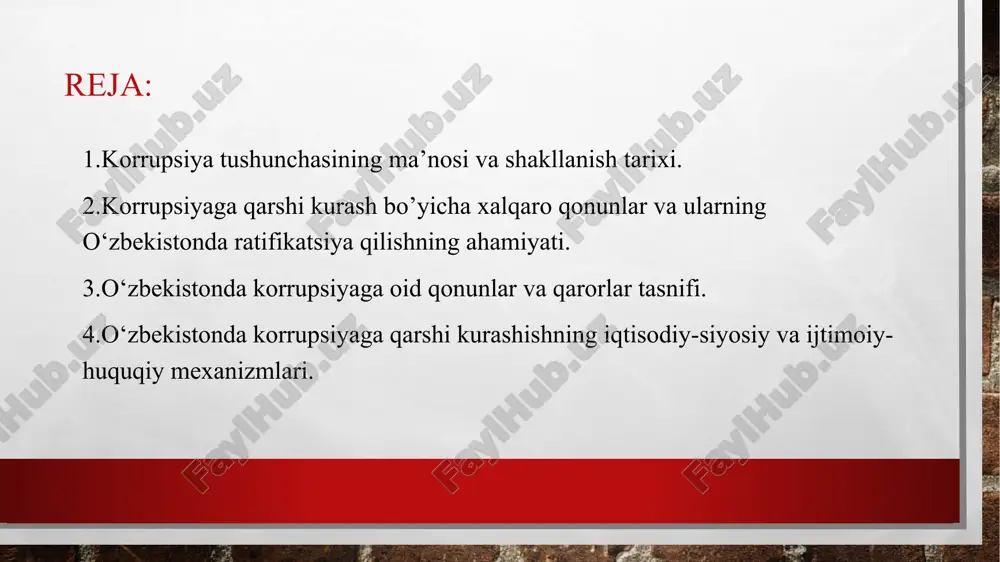 i, «tezkor-qidiruv faoliyati to‘g‘risida»gi, «elektron hukumat to‘g‘risida»gi, «ichki ishlar organlari to‘g‘risida»gi qonunlar qabul qilindi. iqtisodiyotni erkinlashtirish, ishchanlik muhitini yaxshilash, kichik biznes va xususiy tadbirkorlik uchun qulay sharoitlar yaratish, ma’muriy to‘siqlarni bartaraf etish hamda litsenziyalash va ruxsat berish tartib-taomillarini soddalashtirish, davlat xaridlari mexanizmlarini takomillashtirish, davlat xizmatchilarining odob-axloq qoidalarini tasdiqlashga doir bir qator chora-tadbirlar amalga oshirildi. korrupsiyaga qarshi kurashishning huquqiy asoslarini yanada takomillashtirish maqsadida o‘zbekiston prezidenti shavkat mirziyoyev tomonidan 2017-yil 3-yanvar kuni “korrupsiyaga qarshi kurash to‘g‘risida"gi qonun imzolandi.e’lon qilingan kundan boshlab kuchga kiruvchi qonun 4-yanvar kuni “xalq so‘zi” va “narodnoye slovo” gazetalarida chop etildi. o‘zbekiston respublikasi prezidenti sh.m.mirziyoyevning 2020 yil 24 yanvar kuni o‘zbekiston respublikasi oliy majlisiga qilgan murojaatnomasida taʼkidlaganidek, “jamiyatimizda korrupsiya illati o‘zining turli ko‘rinishlari bilan taraqqiyotimizga g‘ov bo‘lmoqda. bu yovuz baloning oldini olmasak, haqiqiy ishbilarmonlik va investitsiya muhitini yaratib bo‘lmaydi, umuman, jamiyatning birorta tarmog‘i rivojlanmaydi” korrupsiyaga qarshi kurashishning ustuvor huquqiy asoslari qator xalqaro huquqiy normalarda o‘z ifodasini topgan bo‘lib, ularga …