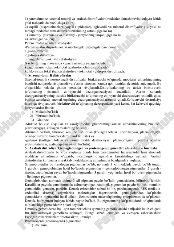 a oʻziga xos oʻzgarishlar hujayralar (yadro va sitoplazma burishib qoladi) va hujayralaro moddada kuzatiladi. n. atrofi ajralib tushadi (hujayra yadrosi va sitoplazmasi bujmayadi) yoki yiringlab iriydi; hujayra kemtigi oʻrnida chandiq paydo boʻladi. n.ning quruq yoki koagulyatsion (oʻlgan hujayra quriydi), hoʻl yoki kollikvatsion (nobud boʻlgan hujayra iriydi) xili ajratiladi. organizmning biror yerida n. vujudga kelishi uning umumiy holatiga noxush taʼsir koʻrsatadi. tana yuzasidagi toʻqimalar n.ga uchrab iriganda, aksari ularda patogen mikroblar koʻpayadi. shuning uchun irigan toʻqimalar jarrohlik yoʻli bilan olib tashlanadi 3.parenximatoz distrofiya va morfologiyasi •distrofiya ( grech. dys-buzilish va trophy-oziqlanish) - patologik jarayon bo`lib, uning asosida to`qimada (xujayra) moddalar almashinuvining buzilishi yotib, strukturaviy o`zgarishlarga olib keladi. •distrofiyalarning morfogenetik mexanizmlari: -infiltratsiya -dekompozitsiya -sintezning buzilishi -transformatsiya •infiltratsiya -moddalarni qon va limfadan xujayra va oraliq to`qimaga meyoridan ortiq sizib o`tishi; keyinchalik bu moddalarni to`planishi metabolizmda qatnashuvchi ferment sistemalarini yetishmovchiligiga bog`liq. •dekompozitsiya (faneroz) - xujayra va oraliq toqima ultrastrukturalarini parchalanishi va natijada to`qima metabolizmini …