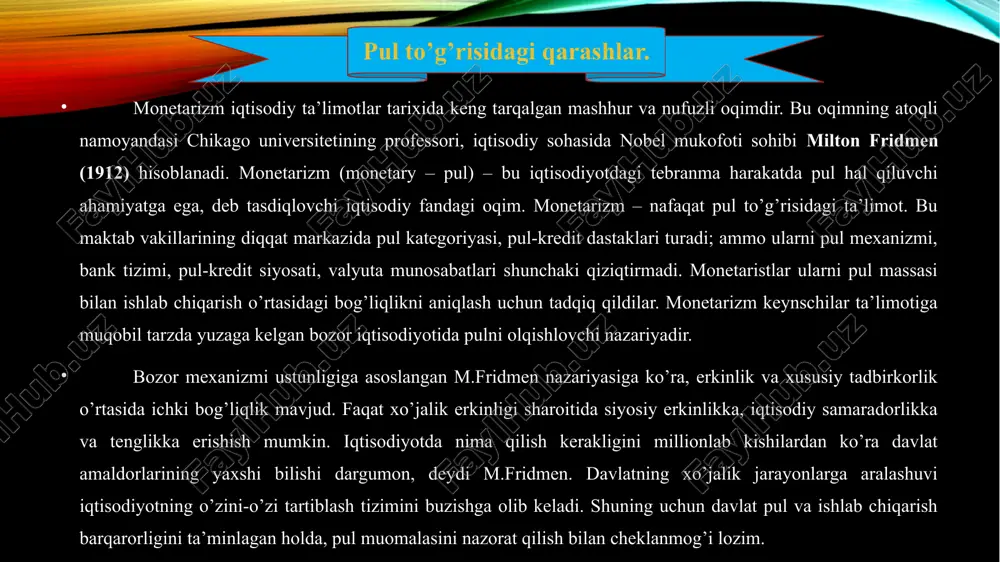 icha, bozor iqtisodiyoti o’zining ichki xususiyatiga ko’ra barqarorlikka, o’zini o’zi tartiblashga intiladi. bozor raqobati tizimi mustahkam barqarorlikni ta’minlaydi. mabodo muvozanat buzilsa, baholar uni tuzatishning bosh vositasi bo’lib xizmat qiladi. nomutanosibliklarning vujudga kelishi, odatda, ichki sabablar natijasida emas, balki tashqaridan bo’ladigan arashuvlar, davlat tartiblashidagi xatolar natijasi hisoblanadi. bozor xo’jaligining barqarorligi to’g’risidagi ushbu qoida j.m. keynsning iqtisodiyotiga davlat aralashuvining zarurligi to’g’risidagi tasdig’iga qarshi qaratilgandir. ikkinchi qoida – pul omilining muhimligi. iqtisodiyotga ta’sir ko’rsatuvchi turli dastaklar ichida pul dastaklari ustun qo’yiladi. aynan ular (ma’muriy, baholar dastaklari emas, soliq tizimi emas) iqtisodiyotni a’lo darajada barqarorlashtirishga qodir. pulning asosiy xususiyati uning likvidligida. pulni xohlagan paytda almashtirish, unga har qanday tovarni sotib olish mumkin. m. fridmen pul harakati (pul massasining o’sish sur’ati) va yalpi ichki mahsulot o’rtasida o’zaro chambarchas bog’liqlik amal qilishiga asoslanadi. pul massasining o’sish sur’atining tezlashuvi yoki sekinlashuvi faol ish yuritishda, ishlab chiqarishning stikli tebranishida aks etiladi. uchinchi qoida – tartiblash joriy vazifalarga emas, …