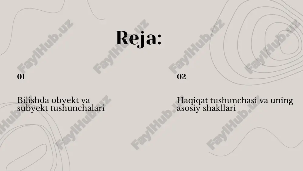 esa insonning aqliy afzalliklarini bildirib, uning bilishga, anglashga va harakatga qobiliyatliligini bildiradi. obektiv aql tushunchasi bugungi kunda biroz eskirdi, chunki endi olam o'zining ratsional tuzilishining soddaligi, ravshanligi va o'zlashtiriluchanligi bilan insonlarni hayratga solmay qoʻydi. aksincha, dunyo to'g'risidagi bugungi tasavvur uni murakkab va boshqarib bo'lmaydigan tashkillanish tarzida namoyon qilmoqda. bilishning bosh vazifasi haqiqat izlashdir.haqiqat tushunchasi masalasi butun bilish nazariyasining eng muhim vazifasidir.haqiqat- bu bizning dunyo toʻgʻrisidagi bilimlarimiz va tasavvurlarimizning dunyoning oʻziga , obyektiv reallikka muvofiq kelishidir. aristotel haqiqatning "klassik" konsepsiyasi muallifi hisoblanadi.bu konsepsiya haqiqatni fikrning , bilimning voqelikka mos kelishi deb, yolgʻonni esa fikrning real holatiga mos kelmasligi deb talqin qilinadi.u o'zining "metafizika" asarida bunday deydi: "bor narsani yoʻq deyish yoki yo'q narsani bir deyish yolgʻon gapirishdir; borni bor va yoʻqni yoʻq deyish esa haqiqatni gapirishdir". haqiqat tushunchasi haqiqat shakllari haqiqat oʻz mazmuniga koʻra mutlaq va nisbiy boʻlishi mumkin.fan haqiqati doimo nisbiy xarakterga ega va ularning majmuasidan mutlaq haqiqat vujudga keladi.bilish …
