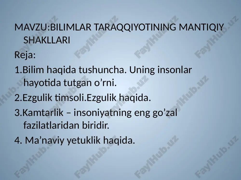 uvonch bag’ishlaydi. aqsh prezidenti barak abama o’zining bmt bosh assambleyasida qilgan chiqishida ezgulikka bir qancha misollar keltirib o’tadi. ezgulik bu liberiyalik shifokor qaysiki u sizni davolaydi. ezgulik bu- eronlik savdogar u sizni yadroviy dastur bo’yicha kelishuv imzolab, sizni xursand qiladi. ezgulik bu- zamonaviy amerikalik u gavanadagi elchixonada bayroq ko’taradi va kubaga qaytadi deydi abama. u ezgulik timsolini suriyalik muxojirlar yuzida xam ko’radi. kamtarlik deganda inson- o’zligini bilishni o’zgalarni xurmat qilishni, odamiylikni: samimiylik, beg’uborlik, mexribonlik, raxm shafqatlilik … kabi nodir fazilatlarni o’zida mujassam etish kerak. mamalakatimiz mustaqilligi yillarida ro’y bergan muxim o’zgarishlardan biri manaviy yangilanish kishilarning ongi tafakkuri va dunyoqarashining boyib kengayib borayotganligi xamda erkinlik kasb etayotganligidir. xususan yoshlarimizning elu-yurt xalq millat va vatan manfaatlarini anglash ularning shon shuhratini yanada oshirish ilmu fanni va madaniyatni xamda san’atni gullab yashnatish mamlakat xafsizligini ta’minlash o’tmishini ajdodlari boy merosini tarixi dini va qadriyatlarini o’rganish munosib baxolash borasidagi faoliyatlari ayniqsa kishini quvontiradi. prezidentimiz a karimov …