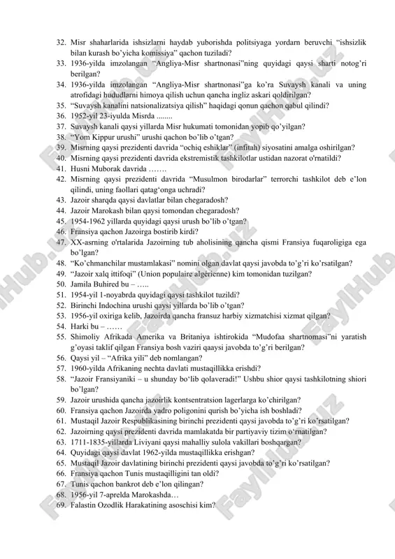 arshi bo‘lganlar aslida uning ma’nosi va oqibatlarini to‘liq anglamaydilar. faqat global miqyosda hal qilinishi mumkin bo‘lgan ayrim muammolar borki uni odamlar tushunishlari lozim”. ushbu fikrlar muallifi kim? 24. “g’arb va qolganlar: globallashuv va terroristik tahdid” kitobining muallifi kim? 25. quyidagi qaysi tadqiqotchi xalqaro terrorizmni “konfliktning yangi turi” deb hisoblagan? 26. ……… - siyosiy tuzum va ijtimoiy institutlarni tubdan oʻzgartirishga qaratilgan gʻoya va harakatlarni ifodalovchi siyosiy, diniy oqim. 27. “vafd misri” (misr delegatsiyasi)ning asoschisi kim? 28. 1919-yilning martda ingliz ma’murlari tomonidan “misr delegatsiyasi” faoliyatiga ta'qiq qo’yilib, ularning rahbarlari qayerga surgun qilindi? 29. kompromis bu - ...... 30. ………. bu – biror davlat tomonidan boshqa davlatga hujum qilishga tayyorgarlik chogʻida qoʻshinlar va jangovar texnikani toʻplash, harbiy harakatlarni kengaytirish uchun baza sifatida foyda-laniladigan hudud. 31. 1930-yilning 6 oyida misrda qancha ish tashlash va boshqa norozilik chiqishlari qayd etilgan? 32. misr shaharlarida ishsizlarni haydab yuborishda politsiyaga yordarn beruvchi “ishsizlik bilan kurash bo’yicha komissiya” qachon …
