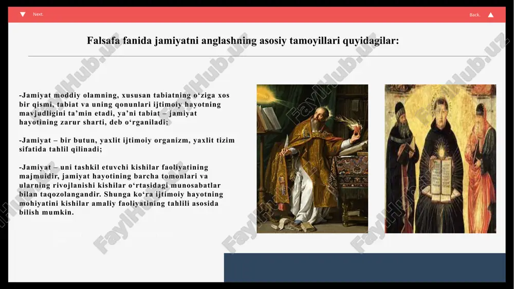 . back. inn sino insonlarni jamiyatdagi o‘rniga ko‘ra 3 guruhga bo‘ladi: a) davlat idoralarida xizmat qiluvchi va jamiyatni boshqarish ishi bilan shug‘ullanuvchilar; b) xom-ashyo va zaruriy mahsulotlarni ishlab chiqaruvchilar; v) davlatni qo‘riqlash, uni turli tashqi xujumlardan saqlashni ta’minlaydigan xarbiylar. abu rayhon beruniy esa: a) sivilizatsiyalarning paydo bo‘lishida tabiiy-geografiy muhitning tutgan o‘rnini asoslashga uringan.; b) jamiyat va odat huquqi asosida ijtimoiy adolat tushunchasini izohlagan; v) faol jamiyat a’zosi birovlarning tinchligi yo‘lida o‘z tinchligini yo‘qotishidan iborat, deb bilgan next. back. alisher navoiy: ceo & owner o‘z asarlarida: - ideal jamiyat, - shaxslarao hulqiy muvozanat, - inson fazilati va illatlar kurashi next. back. modern style art company lorem ipsum dolor sit amet. lorem ipsum text tittle here lorep ipsum duis aute irure dolor in kauselih oilue epreh deriti vols esse cill inure dolorlaboru sit amet. duis autelo irusitakus reprehenderi voluptate lorem kuisais. lorep ipsum duis aute irure dolor in kauselih oilusioisduil reprehenderitisi voluptates …