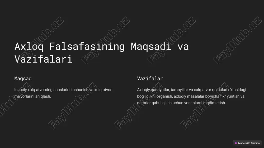 oidalar. axloqiy tenglik va adolat masalalari 1 tarixiy adolatsizlik o'tmishdagi adolatsizliklarni to'g'rilashga qaratilgan sa'y-harakatlar. 2 ijtimoiy adolat barcha insonlarning teng imkoniyatlarga ega bo'lishini ta'minlash. 3 iqtisodiy adolat boylik va daromadlarning adolatli taqsimlanishi. axloqiy masuliyat va mas'uliyat 1 harakatlar o'z harakatlarining oqibatlarini tushunish. 2 natijalar o'z harakatlarining oqibatlari uchun mas'uliyatni o'z zimmasiga olish. axloq falsafasining dolzarb muammolari axloq falsafasining dolzarb muammolari orasida texnologiyaning tez rivojlanishi, globalizatsiya, atrof-muhit muammolari va inson huquqlari mavjud. bu muammolarni hal qilish uchun axloqiy qadriyatlar va tamoyillarni yaxshi tushunish muhimdir. image1.png image7.png image8.png image9.png image10.png image11.png image12.png image13.png image14.png image15.png image16.png image2.png image3.png image17.png image18.png image19.png image4.png image20.png image5.png image21.png image6.png image22.png image23.png image24.png