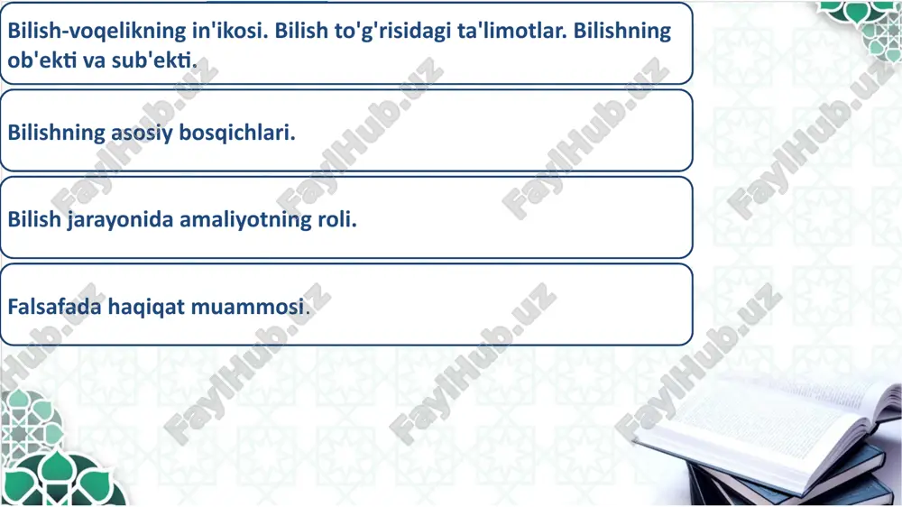 aydilar, agnostiklar, aksincha, buni rad etadilar (i.kant – «narsa o‘zida»). skeptiklar dunyoni bilish mumkinligini inkor etmaydilar biroq bilimning haqiqiyligiga shubha bildiradilar – borliq hodisalari va voqealarini bilish o'zgaruvchanligi, o'tkinchiligini mutlaqlashtiruvchi agnostitsizmning yo'nalishlaridan biri gnoseologik relyativizm ma'naviy (ideal) – sub'ekt va ob'ektning bilishga doir munosabatlari ular o'rtasidagi ko'p sonli munosabatlarning biridir olamni anglash, o'zlashtirish usullari moddiy-texnikaviy – tirikchilik vositalarini ishlab chiqarish, mehnat, amaliyot bilim shakllari ijtimoiy bilim o’yin vositasidagi bilim diniy bilim falsafiy bilim mifologik bilim ilmiy bilim kundalik bilim badiiy bilim shaxsiy bilim kundalik amaliy bilim. tabiat haqida, shuningdek odamlarning o‘zlari, ularning yashash sharoiti, ijtimoiy aloqalari va hokazolar to‘g‘risida elementlar bilimlar beruvchi kundalik-amaliy bilimlar bilishning tarixan eng birinchi shakli hisoblanadi. o‘yin vositasidagi bilim. o‘yin jarayonida shaxs qizg‘in bilish faoliyatini amalga oshiradi, bilimlarning katta hajmini o‘zlashtiradi, madaniy boylik – ishga doir o‘yinlar, sport o‘yinlari, aktyorlarning o‘yinlari va shu kabilarni qon-qoniga singdiradi. mifologik bilim insoniyat tarixining dastlabki bosqichida muhim rol o‘ynagan. mifologik …