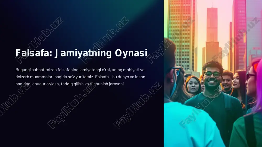 arning asoslarini belgilaydi va ularni tushunishga yordam beradi. bilimlarni kengaytirish fan yangi bilimlarni yaratadi, falsafa esa ularni tizimlashtiradi va tahlil qiladi. axloqiy mas'uliyat falsafa fanning axloqiy mas'uliyatini oshirishga va uning jamiyatga ta'sirini tahlil qilishga yordam beradi. https://gamma.app/?utm_source=made-with-gamma falsafa va davlat munosabatlari qonunchilik falsafa qonunchilikni yaratishda, adolat va inson huquqlarini himoya qilishda rol o'ynaydi. siyosiy tizim falsafa davlatning siyosiy tizimini, uning maqsadlari va faoliyatini tahlil qiladi. jamiyatni rivojlantirish falsafa davlatning jamiyatni rivojlantirishdagi roli va vazifalarini belgilaydi. https://gamma.app/?utm_source=made-with-gamma falsafa va ma'naviyat insonning ichki dunyosi falsafa insonning ichki dunyosini, his-tuyg'ularini va ma'naviy qiymatlarini o'rganadi. bilimlarni qabul qilish falsafa insonning bilimlarni qabul qilish, tushunish va qo'llash qobiliyatini rivojlantiradi. hayotning ma'nosi falsafa insonning hayotning ma'nosi va maqsadini topishga yordam beradi. https://gamma.app/?utm_source=made-with-gamma falsafaning ijtimoiy funktsiyalari 1 tanqidiy fikrlashni rivojlantirish jamiyatni tanqidiy tahlil qilishga, muammolarni aniqlashga va ularni hal qilishga undaydi. 2 axloqiy qiymatlarni shakillantirish insonlarning axloqiy qiymatlarini shakllantirishga va ularni rivojlantirishga yordam beradi. 3 bilimlarni kengaytirish …
