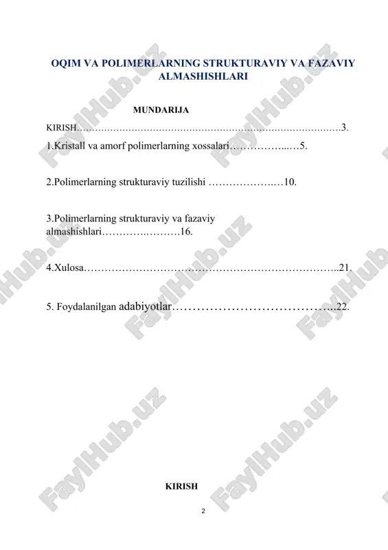 ish ; · polimerlarning strukturaviy va fazaviy almashishlari bilan tanishish . yuqori molekulyar birikmalar tuzilishi jihatidan turli – tumandir . ular kristall va amorf polimerlarga bo’linadi. ko’pgina hollarda jismlarni tez sovitsak, amorf ko’rinishga o’tadi . masalan, glitserin yoki suvni tez sovitganimizda hosil bo’lgan amorf massa tiniq va mo’rt bo’lib , shishani eslatadi. moddalarning bunday holati shishasimon holat deyiladi. fazaviy almashish deb- moddaning bir turdan ikkinchi turga o’tishiga aytiladi . polimerlarda molekulyar og’irlik nihoyatda katta bo’lgani uchun ularning qaynash haroratlari juda yuqori bo’ladi . shuning uchun hamma mavjud bo’lgan polimerlarning qaynash haroratlari ularning parchalanish haroratidan yuqori bo’ladi, shu sababdan polimerlarni gazsimon holatga o’tkazib bo’lmaydi. biz ushbu kurs ishimizda polimerlarning fizik xossalarini , ularning strukturaviy tuzilishlarini, fazaviy almashishlarini ko’rib chiqamiz. 1.kristall va amorf polimerlarning xossalari qattiq moddalar kristall yoki amorf holda bo’lgani singari polimerlarda ham amorf yoki kristall holatlar mavjud . oddiy jismlarning amorf holatlari yaxshi o’rganilgan . kristall va amorf polimerlarning …