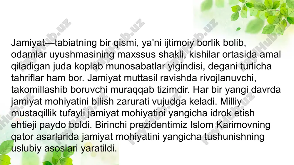 sh yoli eganini korsatdi. islom karimov ijtimoiy taraqqiyotning tadrijiy yoli mohiyatini shunday izoxlaydi: «soxta inqilobiy sakrashlarsiz, evalyusion yol bilan normal, madaniyatli taraqqiyotga utish tanlab olingan yolning asosiy mazmuni va mohiyatidir. ózbek modulining asosiy tamoyillari quyidagilar: - iqtisodning siesatdan ustuvorligi; - davlatning bosh islohotchi ekanligi; - qonun ustuvorligi; - kuchli ijtimoiy ximoyalash; - bozor munosabatlariga bosqichma-bosqich, tadrijiy yol bilan utish. ozbek modelining oziga xos xususiyatlari davlatchilik asoslarining, milliy qadriya jamiyat va oila mohiyatan bir-biri bilan uzviy bogliq. oilada jamiyatning tub mohiyati oz aksini topadi. shu mahnoda, oilani kichig jamiyat deyish mumkin. har bir jamiyat ahzosi oila bagrida voyaga etadi, ijtimoiy munosabatlarni ozlashtiradi va insoniy fazilatlarni namoyon etadi. barkamol insonni shakllantirish, uni xaetga, mehnatga taerlash oilaning muqaddas vazifasidir. oilani mustahkamlash jamiyat barqarorligi va qudratining muhim shartidir. shu boisdan ham davlat oilani oz ximoyasiga oladi. ulug mutafakkirlar jamiyatning madaniy darajasi aelning jamiyat va oiladagi axvoli, mavqeyi bilan belgilanishini aloxida tahkidlaganlar. soglom, barkamol avlod …