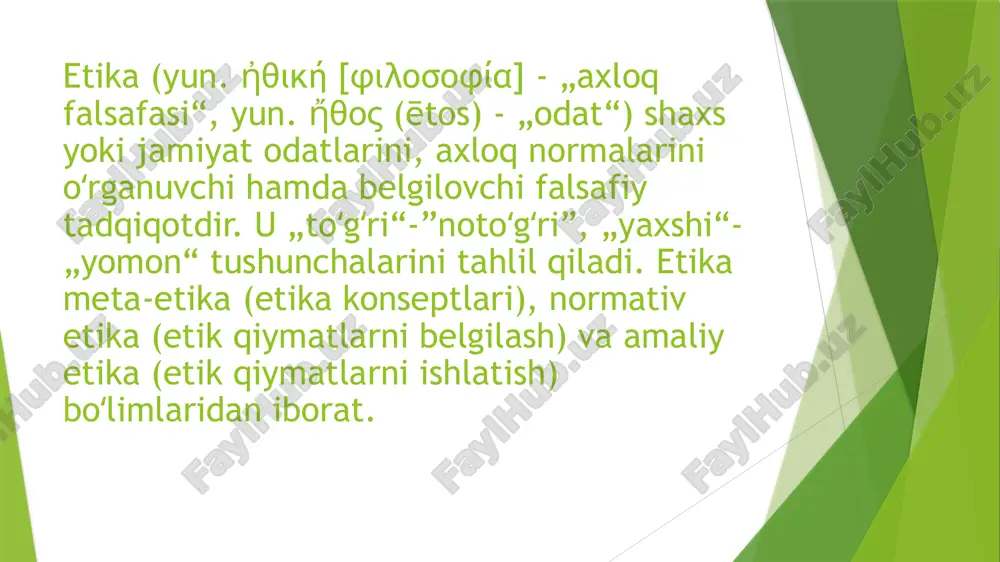 adimiy yodgorliklarda axloqiy tamoyillar va meʼyorlar qonunlar, eʼtiqodiy daʼvatlar shaklida berilgan; hindistonning „manuqonunlari“, „dhammapada“, „patanjali“ kabi yodgorliklarida esa pandnoma va hikmat usuli ustuvor. qadimiy xitoy daochidonishmandlari insonni tabiatning bir qismi sifatida olib qaraydilar va uning vazifasi fazilat yoʻlidan borish ekanini, barcha yovuzliklar, baxtsizliklar insonning tabiat joriy etgan qonunlardan chekinishi oqibati ekanini taʼkidlaydilar. konfutsiy va uning izdoshlari fazilat egasi boʻlishni urf-odatlarga soʻzsiz boʻysunishda koʻradilar. e’tiboringiz uchun tashakkur /docprops/thumbnail.jpeg