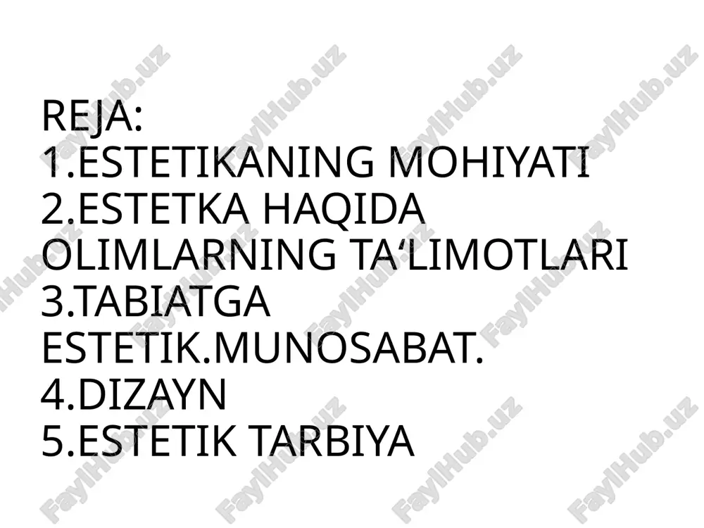 yat mezoni bilan o‘lchanadi.masalan kimdir asabiy inson bo‘lsa u har qanday voqelikka asabiy yondashadi va shunday kechin.alarni tuyadi. estetika fani adabiyot bilan bir biriga bog‘liq va o‘xshash.chunki ikkovi ham hayotdagi bor voqelikni go‘zallik bilan olib chiqadi yaratadi o‘lchaydi.masalan yozuvchilar ham.o‘z asarlarida o‘z davri muammosino olib chiqadi unga munosabat bildiradi va yaratadi.. estetika haqida olimlat fikrlari: 1.geraklit-nafosat xossalari moddiy dunyoning o‘zidan kelib chiqadi.nafosat hamohanglikni va hamohanglikda zidlikni tashkil qiladi. 2.demokrit- go‘zallik - bo‘laklarning to‘gri mutanosibligi va albatta me‘yordadir. aflotun- nafosat manbasini g‘oyalar tashkol qiladi.va g‘oyalarni yoritib turuvchi kuchu go‘zallikni tashkil etadi.go‘zallikni aql ila anglash mumkin.san‘at buzg‘unchilikdir kant- did bitta odamga xos tug‘ma qobiliyat va yakka hodisadir. gegel - san‘at go‘zallikning asl makonidir forobiy - inson bilish orqali o‘zida go‘zallikni kashf etadi.aql uni haeiqiy insonga aylantiradi. beruniy- go‘zallik - voqealarning hamohangligi va uyg‘unligidadir.go‘zallik insonga xos yetuklukdir navoiy - san‘atkor inson insof va adolat uchun xizmat qilishi kerak.kitobxon ongiga ta‘sir etishi kerak tabiat …