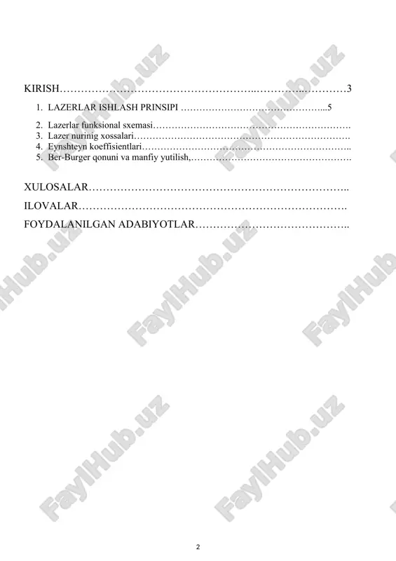i (dts), o‟quv dasturi va rejasi asos qilib olindi. bu sohadagi ilmiy, o‟quv adabiyotlari, turli anjuman materiallari va internet materiallari tahlil etildi. natijada fan dasturi tuzilib, qo‟llanma mundarijasi shu dastur asosida shakllantirildi. demak, davlat meyoriy xujjatlari va mavjud ilmiy va o‟quv ta‟lim-tarbiya vositalari izlanish ishi (qo‟llanma yaratish faoliyati) ning ob‟ekti hisoblanadi. tayyorlangan “lazer fizikasi” fani bo‟yicha o‟quv qo‟llanmasi andijon davlat universiteti fizika-matematika fakulteti “fizika” ta‟lim yo‟nalishi 3-kurs talabalarini o‟qitishda sinovdan o‟tkazildi. sinov davrida fan uchun tuzilgan reyting tizimi, tizimning “joriy baholash”, “oraliq baholash” va “yakuniy baholash” bosqichlari uchun tayyorlangan oddiy va test savollari, ular asosida tayyorlangan variantlar, tarqatma materiallar o‟quv jarayonida sinab ko‟rildi va ijobiy natijalarga erishildi. lazerlar ishlash prinsipi yorug’lik haqida boshlang’ich ma’lumotlar. yorug‟lik hodisalarini tushuntirishda ikki xil tasuvvurdan foydalaniladi. yorug‟likning elektromagnit to‟lqin ekanligini e‟tirof etsak, yorug‟likning interferenstiyasi, difrakstiyasi, dispersiyasi va qutblanish xodisalarini izohlash mumkin. elektromagnit to‟lqin o‟zaro perpendikulyar tekislikda ayni bir yo‟nalishda tarqaluvchi elektr to‟qini (elektr maydoni tebranishining …
