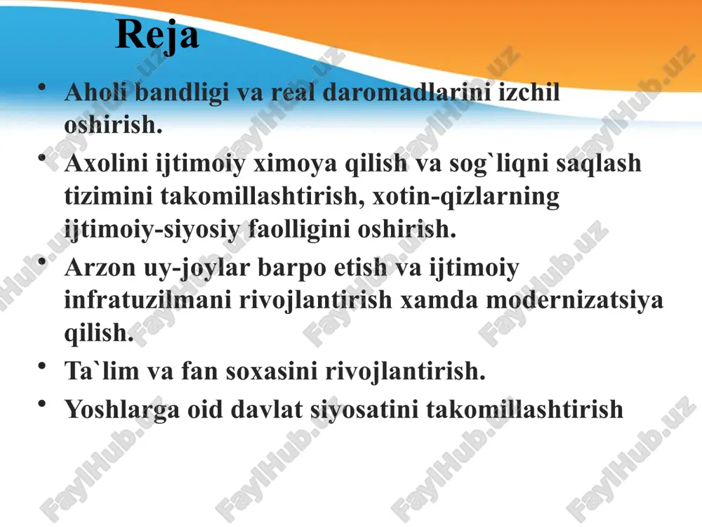 ish markazlari atigi 248 ming kishini yoki 16,5 foizini ishga joylashtirgan. buning asosiy sabablari ish faoliyatidagi eskirgan shakl va usullar xamda bandlik muammolarini xal etishdagi rasmiyatchilik bilan bog`liq. 2017 yilda kasb-xunar kollejlari va oliy ta’lim muassasalarining 508,8 ming nafar bitiruvchisini ishga joylashtirish muljallangan mexnat va iqtisodiyot vazirliklari tomonidan ishlab chikilgan metodika asosida mexnat bozorida vaziyat murakkab bo`lgan tuman va shaxarlar ro`yxati aniklanadi, unga muvofik axoli bandligi dasturlarining manzilli ruyxatlari, kichik sanoat zonalari, xizmatlar soxasini rivojlantirish, chorvachilik, parrandachilik va issiqxona xujaliklarini barpo etish, kasb-xunar kollejlari va oliy uquv yurtlari bitiruvchilari uchun «start-ap» loyixalarini amalga oshirishga mikrokreditlar va lizing asosida ishlab chiqarish vositalarini ajratish ishlari amalga oshiriladi. harakatlar strategiyasida xotin-qizlarning va kollej bitiruvchilarining bandligini ta’minlash, ularni tadbirkorlikka jalb qilish, tadbirkor ayollarni qo`llab - quvvatlash maksadida: «maxallaning eng namunali tadbirkor ayoli» tanlovining maxallalararo va tuman (shaxar) bosqichlarini o`tkazish; «tadbirkor qizning eng yaxshi loyixasi - 2017» respublika tanlovini o`tkazish; kufgontepa, olot, paxtakor, dexkonobod, kosoy, …