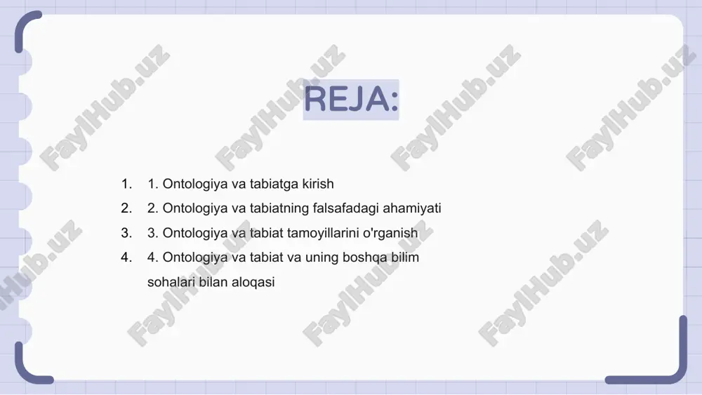 qilib, biz uning falsafiy va ilmiy nuqtai nazarini boshqaradigan asosiy asosni ochishni maqsad qilganmiz. ushbu tadqiqot uning asosiy e'tiqodlarini chuqurroq tushunish imkonini beradi. ushbu slayd orqali ishtirokchilar ontologiya va tabiatni belgilaydigan murakkab tamoyillar haqida tushunchaga ega bo'ladilar va natijada uning chuqur ahamiyatini tushunishlarini kuchaytiradilar. 4. ontologiya va tabiat va uning boshqa bilim sohalari bilan aloqasi ontologiya va tabiat yoki ontologiya va tabiat - borliq va borliqning asosiy mohiyatini o'rganuvchi bilim sohasi. u voqelikning mohiyatini va tabiiy olamdagi turli ob'ektlar o'rtasidagi munosabatlarni o'rganadi. ushbu tadqiqot sohasi metafizika, gnoseologiya va fan falsafasi kabi boshqa bilim sohalari bilan chambarchas bog'liq. u bilimning mohiyatini, inson tushunchasining chegaralarini va ilmiy uslubni o'rganadi. ontologiya va tabiatni tushunish turli bilim sohalarining o'zaro bog'liqligi va voqelikning tabiati va bizning koinotdagi o'rnimiz haqidagi chuqur savollarni tushunish uchun juda muhimdir. 5. ontologiya va tabiatning zamonaviy jamiyatda qo'llanilishi "ontologiya va tabiat" o'zining falsafiy va ilmiy ildizlariga ega bo'lib, zamonaviy jamiyatda keng …