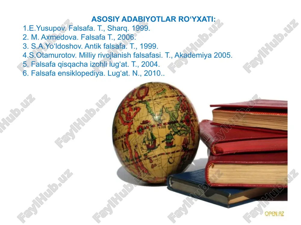 son, umrning mohiyati, borliq va yo‘qlik kabi ko‘plab muammolar haqida bahs yuritadigan. falsafa– inson, tafakkur, borliq va taraqqiyot, tafakkur va jamiyatning umumiy qonuniyatlari haqidagi fan. falsafa fanining predmeti falsafa fanining predmeti haqida qadimgi davrlardan turli qarashlar va bahslar davom etib keladi. shunday bo‘lsa-da bugungi kunda borliqni va undagi jarayonlarni keng ma’noda o‘rganish falsafaning predmeti sanaladi. ayrim faylasuflar falsafaning predmeti haqida bahs yuritar ekanlar, tafakkur borliq masalalari bilan faqat yuksak tafakkur egalari ya’ni mutafakkirlargina shug‘ullanishi kerakligini uqdirib kelganlar. qolganlar esa bu fan bilan shug‘ullanmasligi, uning o‘rniga biron kasb bilan shug‘ullanishini tavsiya qilganlar. falsafa fanining predmeti haqida qarashlar olamning umumiy qonuniyatlari haqida fan faqat ilmiy aniqliklarga emas, dogmadan holi hamma qarashlar faqat olam emas, olam va odam munosabatlarini o’rganuvchi fan arastu rassel 8 inson inson - inson inson - jamiyat inson - tabiat tabiat 10 falsafada olam, odam va jamiyat orasidagi bog’liqliklar aloqalar inson jamiat dunyoqarash funksiyasi 1. insonlarda dunyoqarashni to’g’ri shakllantirish …
