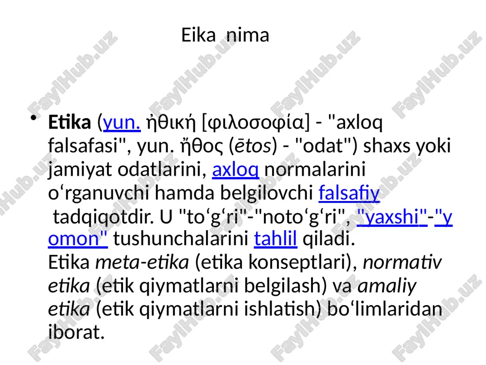 maʼnosi, baxt muammolari oʻrtaga tashlanadi. oʻrta asrlar e.sida qadimgi sharq mutafakkirlari (roziy, forobiy, ibn sino, ibn rushd) asarlari va fikhiy tasavvufiy yoʻnalishlarda abu lays samarqandiy, gʻazzoliy, rumiy, aziziddin nasafiy, navoiy, koshifiy tomonidan yozilgan kitoblar e. taraqqiyotiga katta hissa boʻlib qoʻshildi; uygʻonish davri faylasuflari oʻz axloqiy qarashlarida ulardan samarali foydalandilar (valla, monten). bajaruvchi: odilboyeva halimaxon image1.jpeg /docprops/thumbnail.jpeg