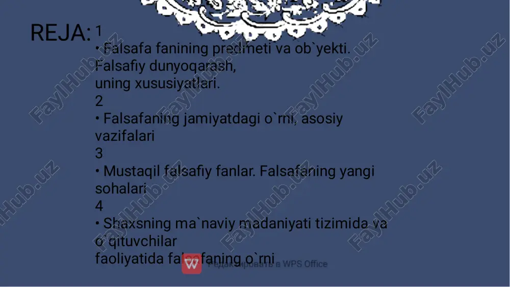o'rganadi. axloqiy qadriyatlar, xulq -atvor va insonning to'g'ri va noto'g'ri haqida fikrlashini o'rganadi. bilimning tabiati, manbalari va chegaralari haqida savollarni o'rganadi. mavjudlik va mavjud narsalar haqida o'rganadi, ularning turlari va xususiyatlarini tahlil qiladi. 1.etika: 2.mantiq 3.epistem ologiya 4.ontolog iya: 3 � • mustaqil falsafiy fanlar. falsafaning yangi sohalari 1. etika: - axloqiy qadriyatlar, xulq-atvor va insonning to'g'ri va noto'g'ri haqida fikr yuritadi.� - turli etik nazariyalar, masalan, utilitarizm, deontologiya va fazilat etikasini o'z ichiga oladi.�� 2. mantiq: - fikrlarning tuzilishi, mantiqiy argumentlar va dalillash usullarini o'rganadi.� - mantiqiy tizimlar va formal mantiqni o'z ichiga oladi.�� 3. epistemologiya: - bilimning tabiati, manbalari va chegaralari haqida savollarni o'rganadi.� - bilimning qanday shakllanishi, ishonch va shubha masalalarini tahlil qiladi. 4 � • shaxsning ma`naviy madaniyati tizimida va o`qituvchilar � faoliyatida falsafaning o`rni - axloqiy asoslar: falsafa shaxsning axloqiy qadriyatlarini shakllantirishda muhim rol o'ynaydi. u insonning to'g'ri va noto'g'ri, yaxshilik va yomonlik, adolat va …