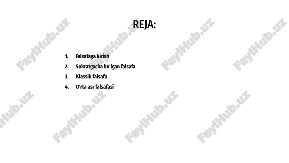 asosiy bosqichiga bo'lish mumkin. birinchi bosqich - suqrotgacha bo'lgan davr bo'lib, fales va pifagor kabi faylasuflar tabiat hodisalari va metafizik savollarni o'rganishni boshladilar. ikkinchi bosqich - yunon falsafasining oltin davri deb atalgan suqrot, platon va arastular davri. bu davrda asosiy e’tibor axloq, siyosat va voqelik tabiatiga o‘tdi. yakuniy bosqich - ellinistik davr bo'lib, yunon falsafasining kengroq o'rta er dengizi dunyosiga tarqalishi va turli falsafiy an'analarning uyg'unlashuvi bilan tavsiflanadi. salavha oʻrta asr falsafasi, yaʼni sxolastika nomi bilan ham tanilgan, 5-asrda vujudga kelgan va 15-asrgacha davom etgan. xristian ilohiyotining yunon falsafasi, xususan aristotel asarlari bilan birlashishi unga katta ta'sir ko'rsatdi. 1 bu davrda faylasuflar eʼtiqod va aqlni uygʻunlashtirishga eʼtibor qaratdilar, bunda avliyo avgustin, foma akvinskiy kabi koʻzga koʻringan siymolar yetakchilik qildilar. asosiy e'tibor injil ta'limotlarini klassik falsafiy tamoyillar bilan sintez qilishga qaratildi. 3 o'rta asr falsafasining asosiy mavzulari xudoning tabiati, yovuzlikning mavjudligi va e'tiqod va aql o'rtasidagi munosabatni o'z ichiga olgan. bu …