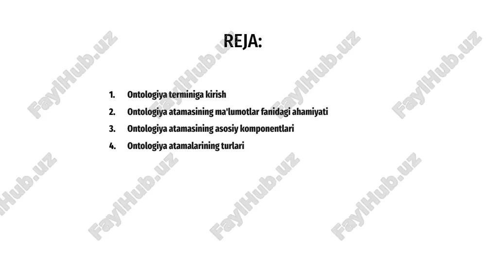 ili bo'lib xizmat qiladi. 1 ontologiya atamalarining har xil turlari mavjud, jumladan sinflar, individlar, xususiyatlar va misollar, ularning har biri ontologiya doirasida muayyan funktsiyani bajaradi. 3 sinflar narsalar to'plami yoki toifalarini ifodalaydi, individuallar sinflarning o'ziga xos namunalari, xususiyatlar sinflar o'rtasidagi munosabatlarni belgilaydi va misollar sinflarning alohida a'zolaridir. 2 sog'liqni saqlashda ontologiya atamasining qo'llanilishi a ontologiya atamalari tibbiy terminologiyani standartlashtirish, turli sog'liqni saqlash tizimlari o'rtasida o'zaro muvofiqlikni ta'minlash va tadqiqot maqsadlari uchun ma'lumotlar integratsiyasini osonlashtirish orqali sog'liqni saqlashda hal qiluvchi rol o'ynaydi. b sog'liqni saqlash sohasi mutaxassislari tibbiy ma'lumotlarni tasniflash va tartibga solish uchun ontologiya atamalaridan foydalanadilar, bu esa ma'lumotlarni olish va tahlil qilishni osonlashtiradi, bu esa bemorlarga yaxshi xizmat ko'rsatish va sog'liqni saqlashni yanada samarali etkazib berishga olib keladi. c bundan tashqari, ontologiya atamalari sog'liqni saqlash ma'lumotlaridagi naqsh va tendentsiyalarni aniqlashda yordam beradi, bu esa tashxisni yaxshilash, davolashni rejalashtirish va kasalliklarni boshqarishga olib keladi va natijada bemorlarning sog'lig'ini yaxshilashga yordam …