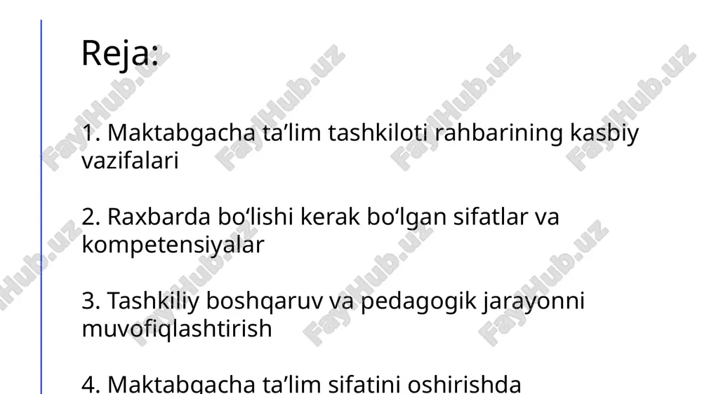 ik jarayonni muvofiqlashtirishdir. bu esa rejalashtirish, nazorat qilish, tahlil qilish va takomillashtirish faoliyatlarini o‘z ichiga oladi. har bir ta’lim yili boshida direktor umumiy ish rejasini tuzadi, pedagogik kengashlar o‘tkazadi, jamoaning har bir a’zosi bilan individual ishlaydi. u dars beruvchi tarbiyachilar ishini kuzatadi, ularga metodik ko‘mak ko‘rsatadi va rivojlanishlarini rag‘batlantiradi. ta’lim sifatini oshirish maqsadida u innovatsion metodlar joriy etadi, zamonaviy pedagogik texnologiyalardan foydalanadi. har bir rasmiy hujjat maktabgacha ta’lim muassasasining taraqqiyoti uchun asos bo‘lib xizmat qiladi. direktor bu jarayonda raqamli texnologiyalar va elektron hujjat aylanish tizimidan samarali foydalanishi lozim. boshqaruv samaradorligi uchun hujjatlar tartibli, to‘liq va o‘z vaqtida yuritilishi muhim hisoblanadi. muassasa rahbari tashkilot faoliyatiga oid barcha rasmiy hujjatlarni yuritish, saqlash va nazorat qilish uchun javobgardir. bu hujjatlar ichiga pedagogik reja, yillik va oyma-oy ish rejalari, xodimlar haqida ma’lumotlar, tashrif daftarlari, guvohnomalar, sog‘liqni saqlash hujjatlari, sanitariya va gigiyena nazoratiga oid aktlar kiradi. direktor o‘z jamoasi bilan ushbu hujjatlar yuritilishida aniqlik va …