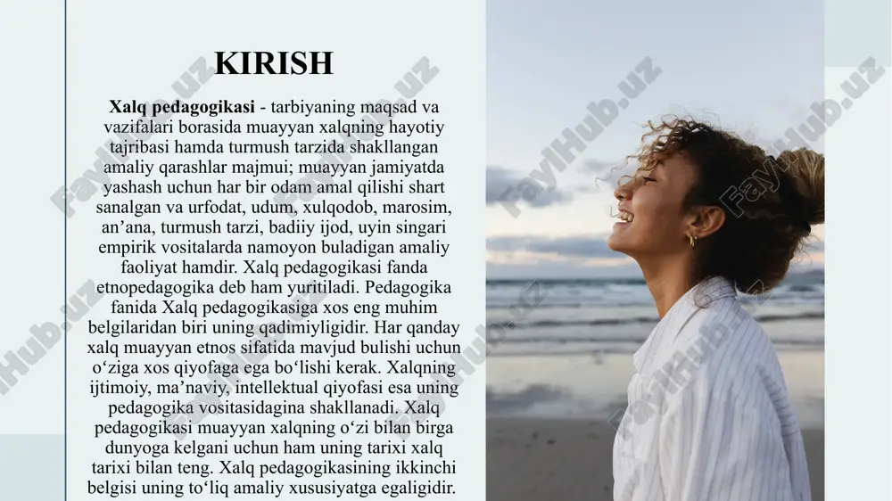 asining toʻrtinchi belgisi uning sinkretik (qorishiq) xususiyatga egaligidir. xalq hayoti koʻp qirrali ekani holda yaxlit boʻlgani singari uning pedagogikasi ham qorishiqdir. 3 3 4 4 xalq pedagogikasida diniy tarbiyaning ifodalanishi, asosan, xalqning madaniyati, an'analari va qadriyatlari orqali namoyon bo'ladi. diniy tarbiya xalq pedagogikasida quyidagi jihatlar bilan ifodalanadi: 1. ma'naviy qadriyatlar: xalq pedagogikasida diniy tarbiya insonning ma'naviy va axloqiy qadriyatlarini shakllantirishga qaratilgan. diniy ta'lim orqali yosh avlodga yaxshilik, adolat, sabr-toqat kabi axloqiy me'yorlar o'rgatiladi. 2. an'analar va marosimlar: diniy an'analar va marosimlar xalq pedagogikasining muhim qismidir. masalan, diniy bayramlar (ramazon, qurbon hayiti) va ularga tayyorgarlik jarayonlari, oilaviy va jamoaviy marosimlar orqali diniy tarbiya amalga oshiriladi. 3. hikmatlar va maqollar: xalq pedagogikasida diniy tarbiyaning bir qismi sifatida hikmatlar, maqollar va aforizmlar keng qo'llaniladi. bu so'zlar orqali diniy va axloqiy saboqlar beriladi. 5 4. ota-onalar va avlodlar o'rtasidagi aloqalar: ota-onalar va bobolar o'z farzandlariga diniy tarbiyani berishda muhim rol o'ynaydi. ular o'z tajribalari …