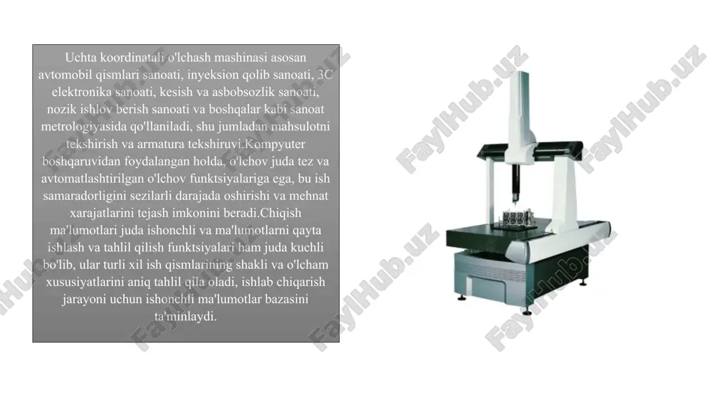 hizmasini kiritish: uch o'lchovli o'lchov vositasi autocad-dagi standart muhandislik chizmasini xaritalash dasturining tasviriga to'g'ridan-to'g'ri kiritishi mumkin, shunda autocad muhandislik chizmasi taqqoslash uchun haqiqiy ish qismi shaklini bir-biriga yopishi mumkin, shuning uchun topish uchun ish qismi va muhandislik chizmasi o'rtasidagi farqni aniqlash. 4, autocad-ga grafik chiqish va avtomatik ravishda to'g'rilash: real vaqtda tasvirga ko'ra, chizmaning haqiqiy ish qismi shakliga ko'ra, haqiqiy ehtiyojlarga ko'ra, o'z mezonlarini belgilash va uzatish jarayonida to'g'rilash. cmf avtomatik uch o'lchovli o'lchash mashinasi cmf avtomatik uch o'lchovli o'lchov mashinasi zhitai guruhining yuqori samarali mobil ko'prik o'lchash mashinasining so'nggi avlodidir. u yuqori barqarorlik o'lchash tizimiga ega bo'lib, u umumiy aniqlash ehtiyojlarini tez va samarali bajarishi va aniqlash samaradorligini maksimal darajada oshirishi mumkin. cmf uch o'lchovli o'lchash mashinasi quyidagi ishlash xususiyatlariga ega: 1, bir tomonlama harakatlanuvchi ko'prik tuzilishi, o'lchov aniqligi va barqarorligini ta'minlash uchun harakat ish faoliyatini sezilarli darajada yaxshilaydi. 2, uch o'qli hidoyat temir yo'li yuqori aniqlikdagi tabiiy granitdan …