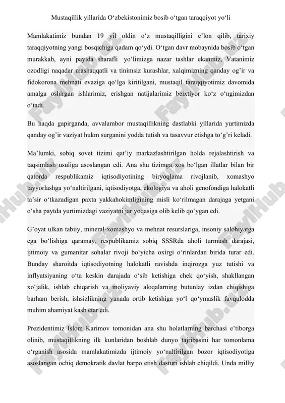 a yo‘l qo‘ymaslik favqulodda muhim ahamiyat kasb etar edi. prezidentimiz islom karimov tomonidan ana shu holatlarning barchasi e’tiborga olinib, mustaqillikning ilk kunlaridan boshlab dunyo tajribasini har tomonlama o‘rganish asosida mamlakatimizda ijtimoiy yo‘naltirilgan bozor iqtisodiyotiga asoslangan ochiq demokratik davlat barpo etish dasturi ishlab chiqildi. unda milliy urf-odat va an’analarimizni asrab-avaylash va yanada mustahkamlash, umumbashariy qadriyatlarga hurmat bilan munosabatda bo‘lish orqali o‘zbekistonning jahon hamjamiyati bilan uyg’un va hamohang rivojlanishiga alohida e’tibor qaratildi. davlatimiz rahbari «o‘zbekistonning 16 yillik mustaqil taraqqiyot yo‘li» risolasida xalqimiz bosib o‘tgan milliy taraqqiyot yo‘lini chuqur tahlil etib, bu borada ikki tarixiy davr muhim o‘rin tutganini har tomonlama asoslab bergan edi. avvalo, o‘tish davri va milliy davlatchilik asoslarini shakllantirish bilan bog’liq birinchi galdagi islohot va o‘zgarishlarni o‘z ichiga olgan dastlabki bosqich – 1991 yildan 2000 yilgacha bo‘lgan davr mamlakatimiz va xalqimiz hayotida beqiyos va ulkan, tom ma’noda tarixiy iz qoldirgan davr bo‘ldi. shu bilan birga, mamlakatimizni faol demokratik yangilash, isloh …